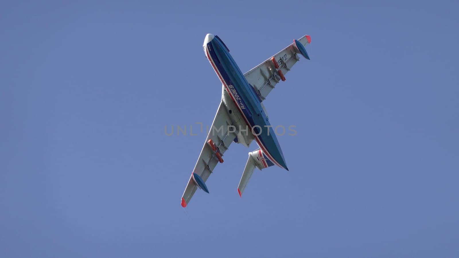 Moscow Russia Zhukovsky Airfield 31 August 2019: Demonstration flight of a jet multipurpose amphibious aircraft be-200 the international aerospace salon MAKS-2019.