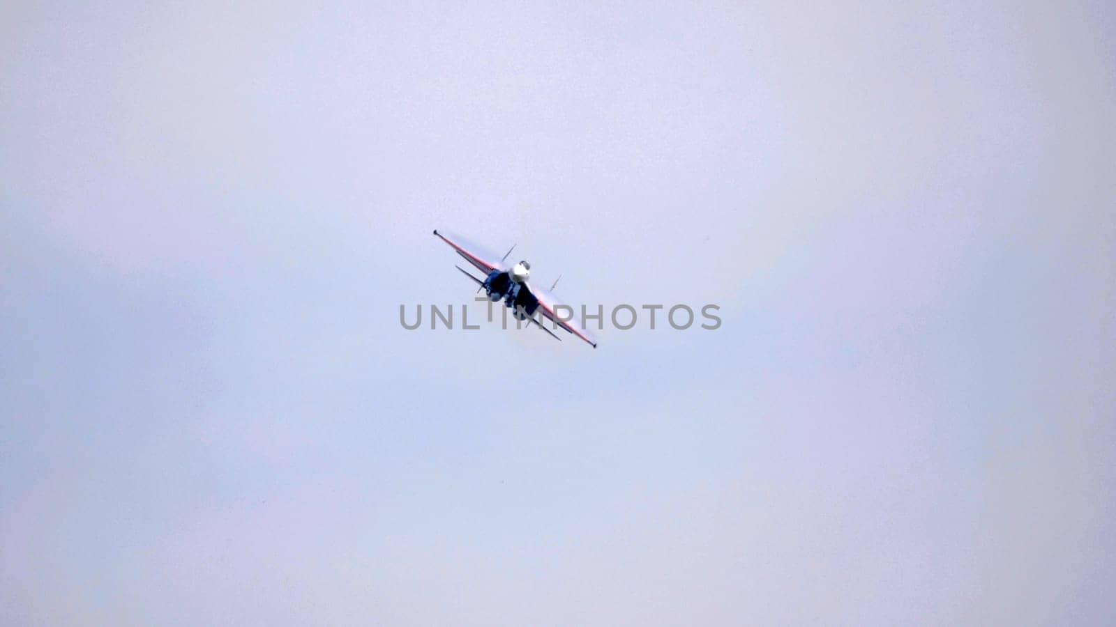 Moscow Russia Zhukovsky Airfield 25 July 2021: Aerobatic teams Russian Knights on planes Su-35 of the international aerospace salon MAKS-2021.