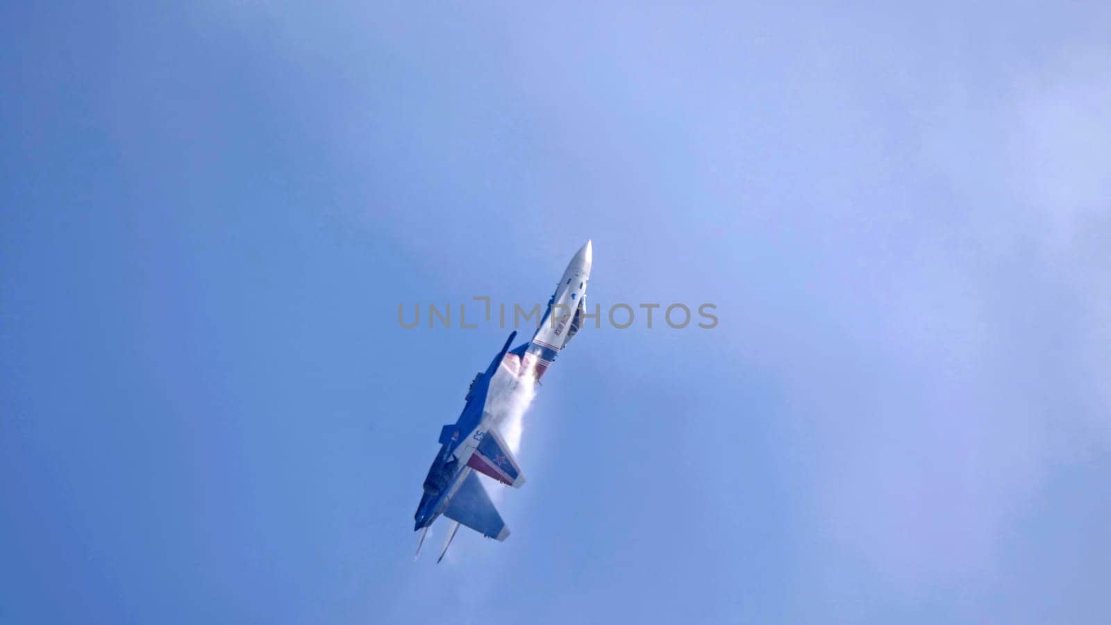 Moscow Russia Zhukovsky Airfield 25 July 2021: Aerobatic teams Russian Knights on planes Su-35 of the international aerospace salon MAKS-2021.