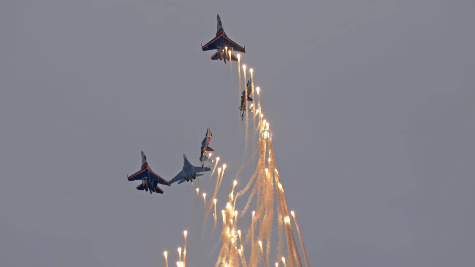 Moscow Russia Zhukovsky Airfield 25 July 2021: Aerobatic teams Russian Knights on planes Su-35 of the international aerospace salon MAKS-2021.