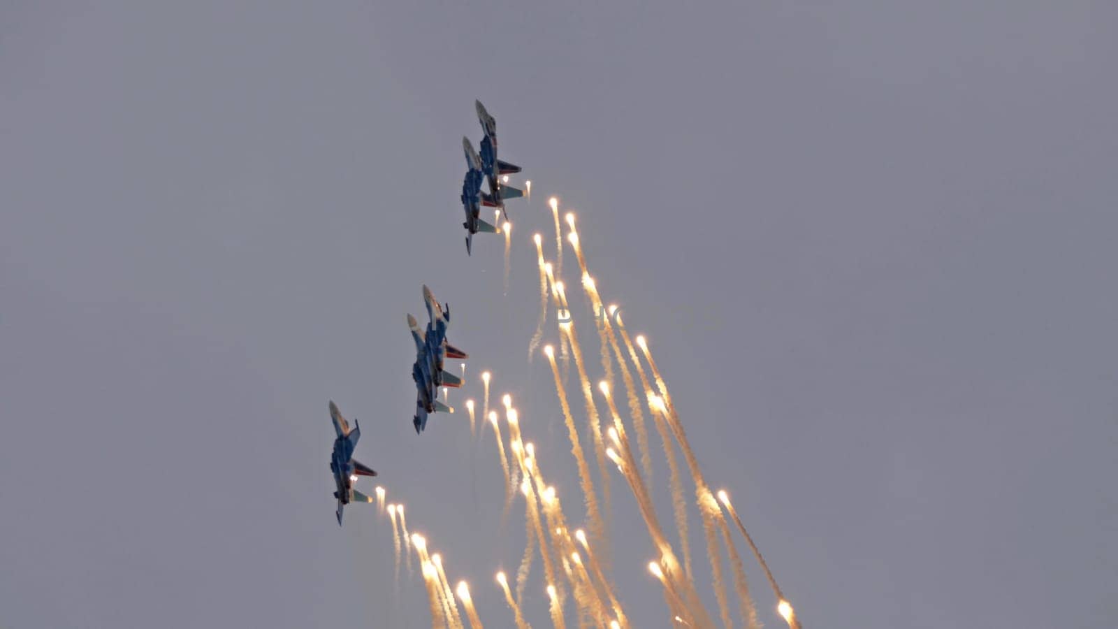 Moscow Russia Zhukovsky Airfield 25 July 2021: Aerobatic teams Russian Knights on planes Su-35 of the international aerospace salon MAKS-2021.