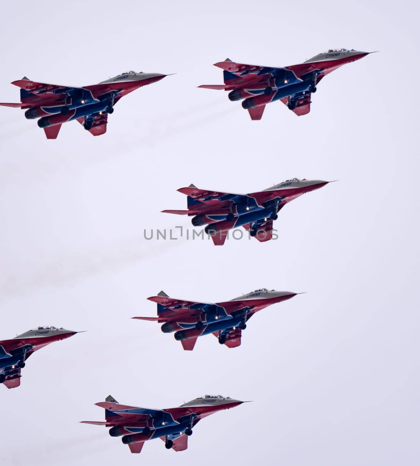 Moscow Russia Zhukovsky Airfield 25 July 2021: aerobatic team swifts MiG-29 perfoming demonstration flight of the international aerospace salon MAKS-2021.