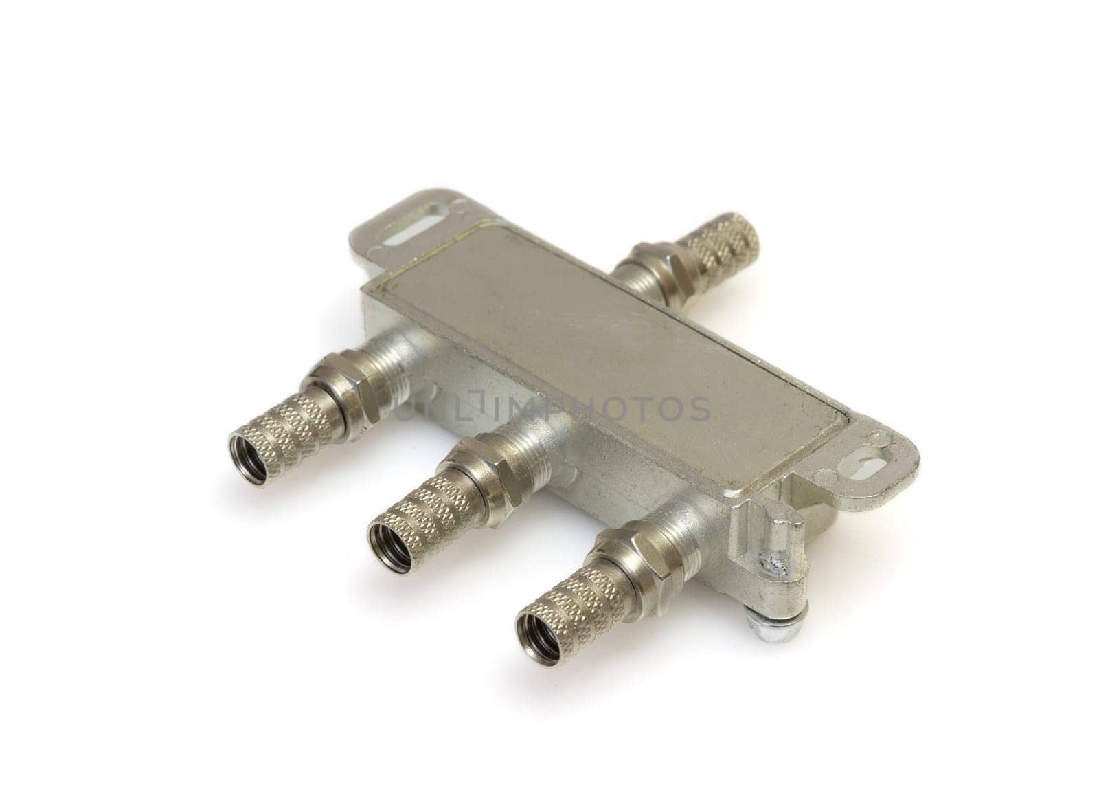 Antenna cable connectors, metal plug on white, macro.