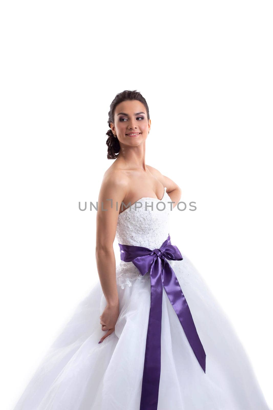 Portrait of young beautiful bride isolated on white, close-up