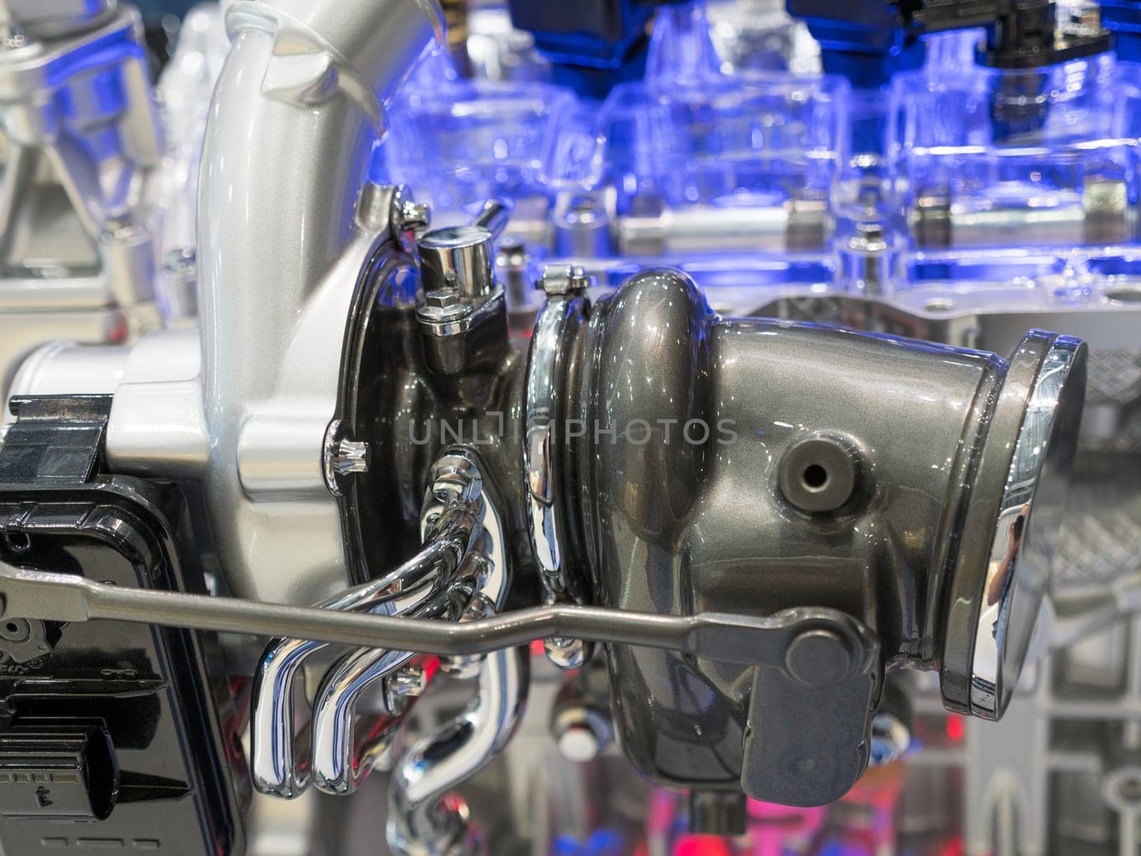 Close up detail of tuned car engine.