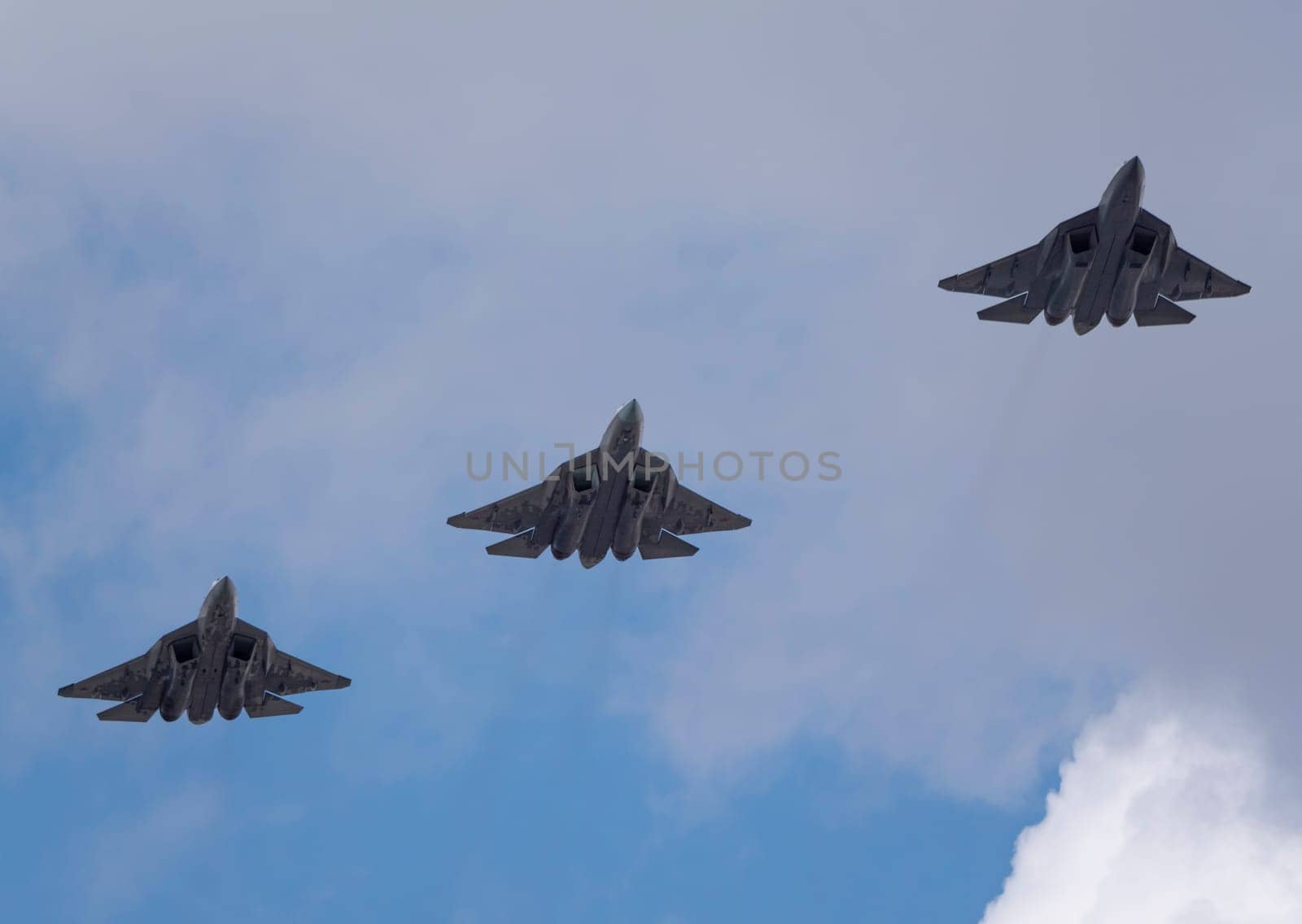 MOSCOW, RUSSIA - MAY 7, 2021: Avia parade in Moscow. Sukhoi Su-57 in the sky on parade of Victory in World War II in Moscow, Russia