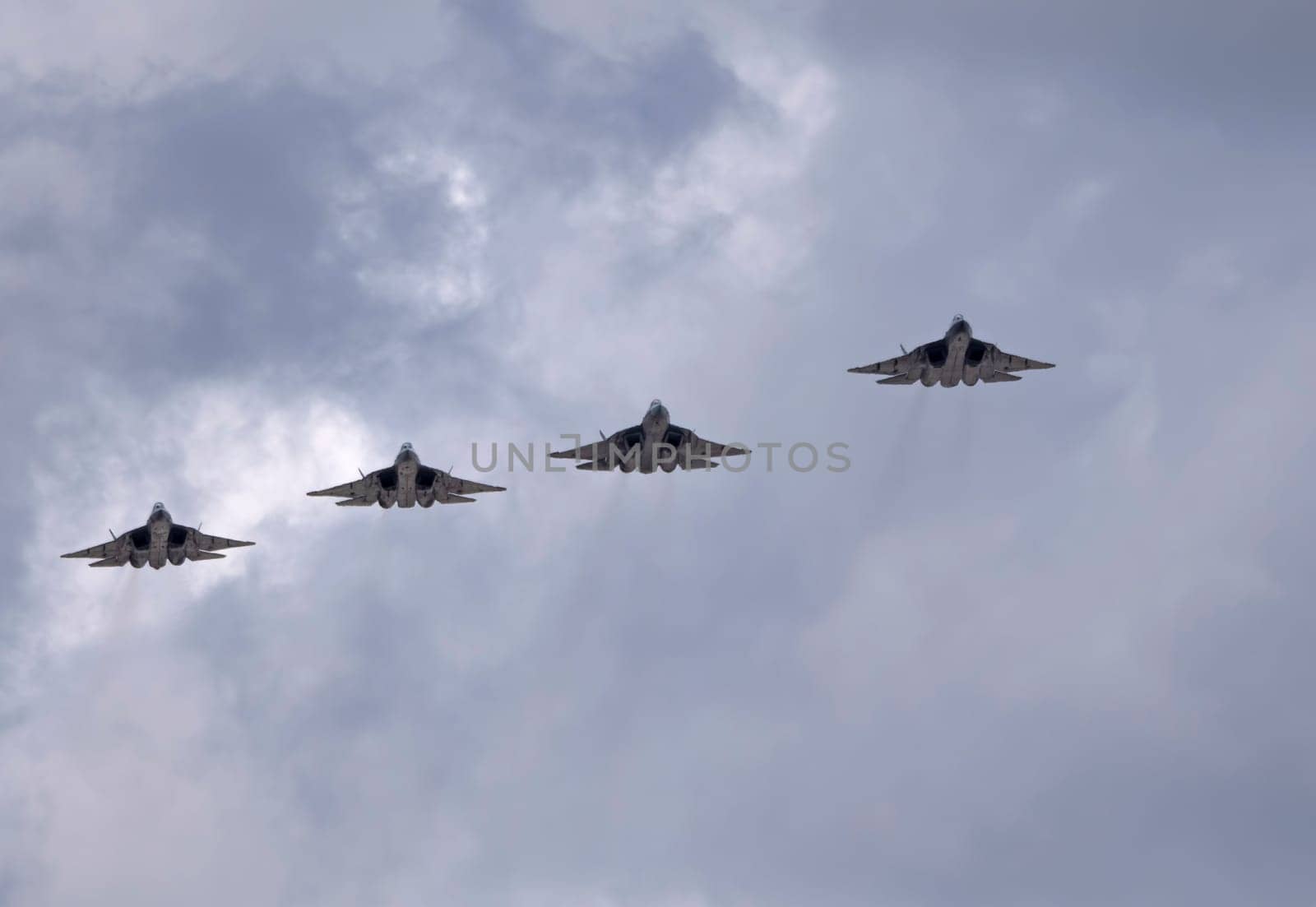 MOSCOW, RUSSIA - MAY 7, 2021: Avia parade in Moscow. Sukhoi Su-57 in the sky on parade of Victory in World War II in Moscow, Russia