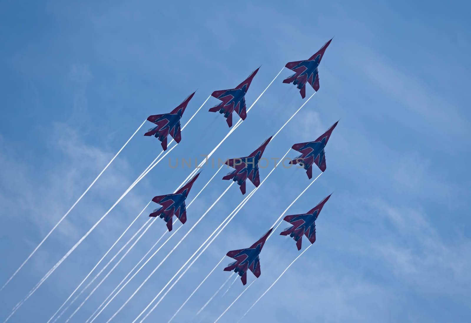 Moscow Russia Zhukovsky Airfield 31 August 2019: aerobatic team swifts MiG-29 perfoming demonstration flight of the international aerospace salon MAKS-2019.