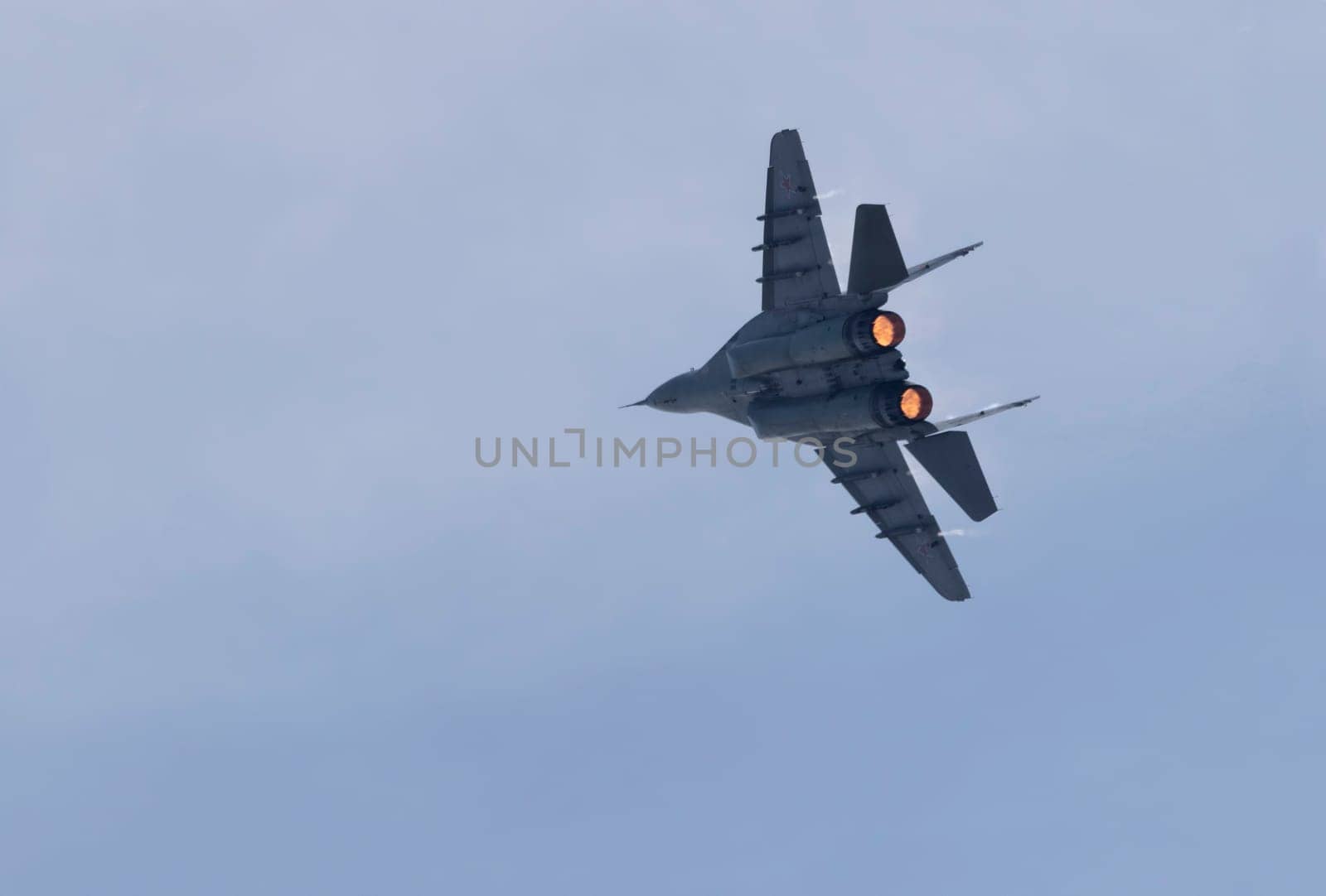 Moscow Russia Zhukovsky Airfield 31 August 2019: aerobatic MiG-29 perfoming demonstration flight of the international aerospace salon MAKS-2019.