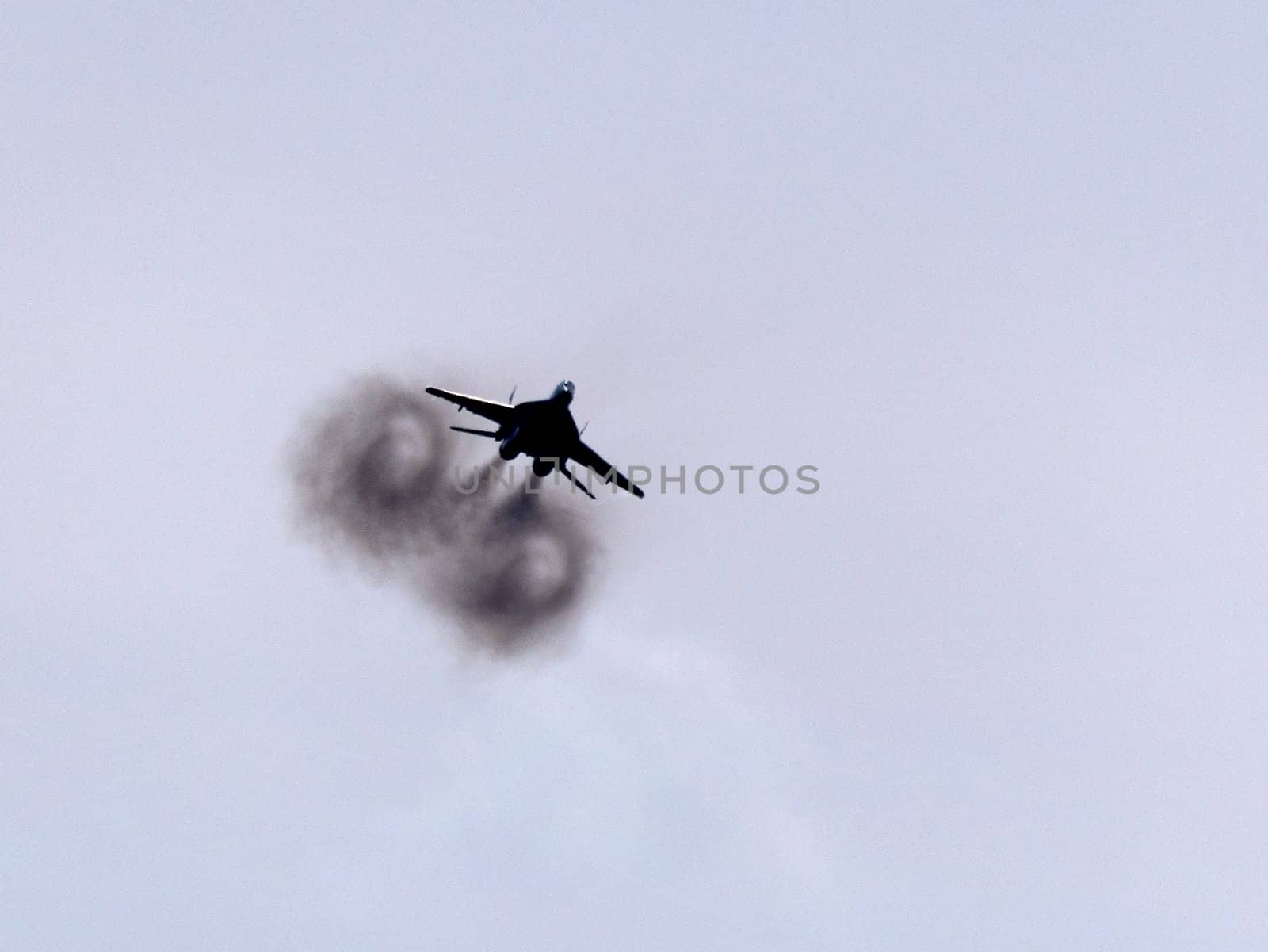 Moscow Russia Zhukovsky Airfield 31 August 2019: aerobatic MiG-29 perfoming demonstration flight of the international aerospace salon MAKS-2019.