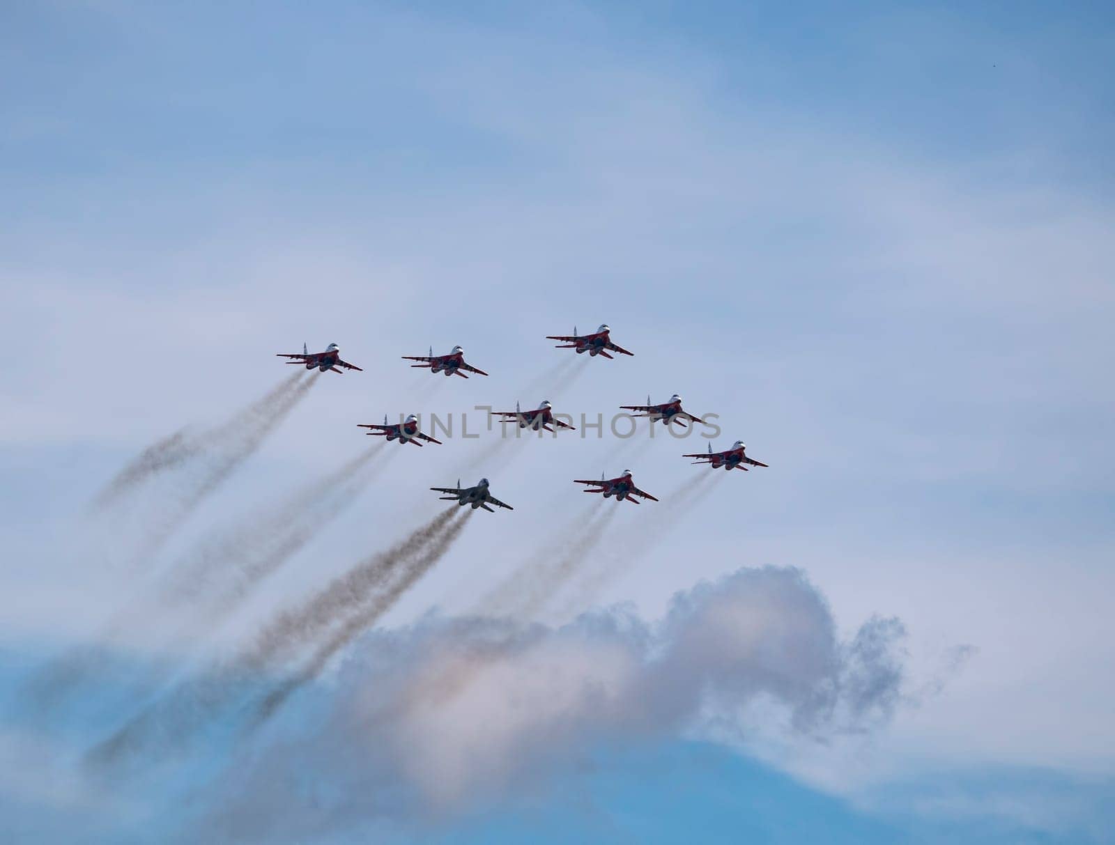 Moscow Russia Zhukovsky Airfield 31 August 2019: aerobatic team swifts MiG-29 perfoming demonstration flight of the international aerospace salon MAKS-2019.
