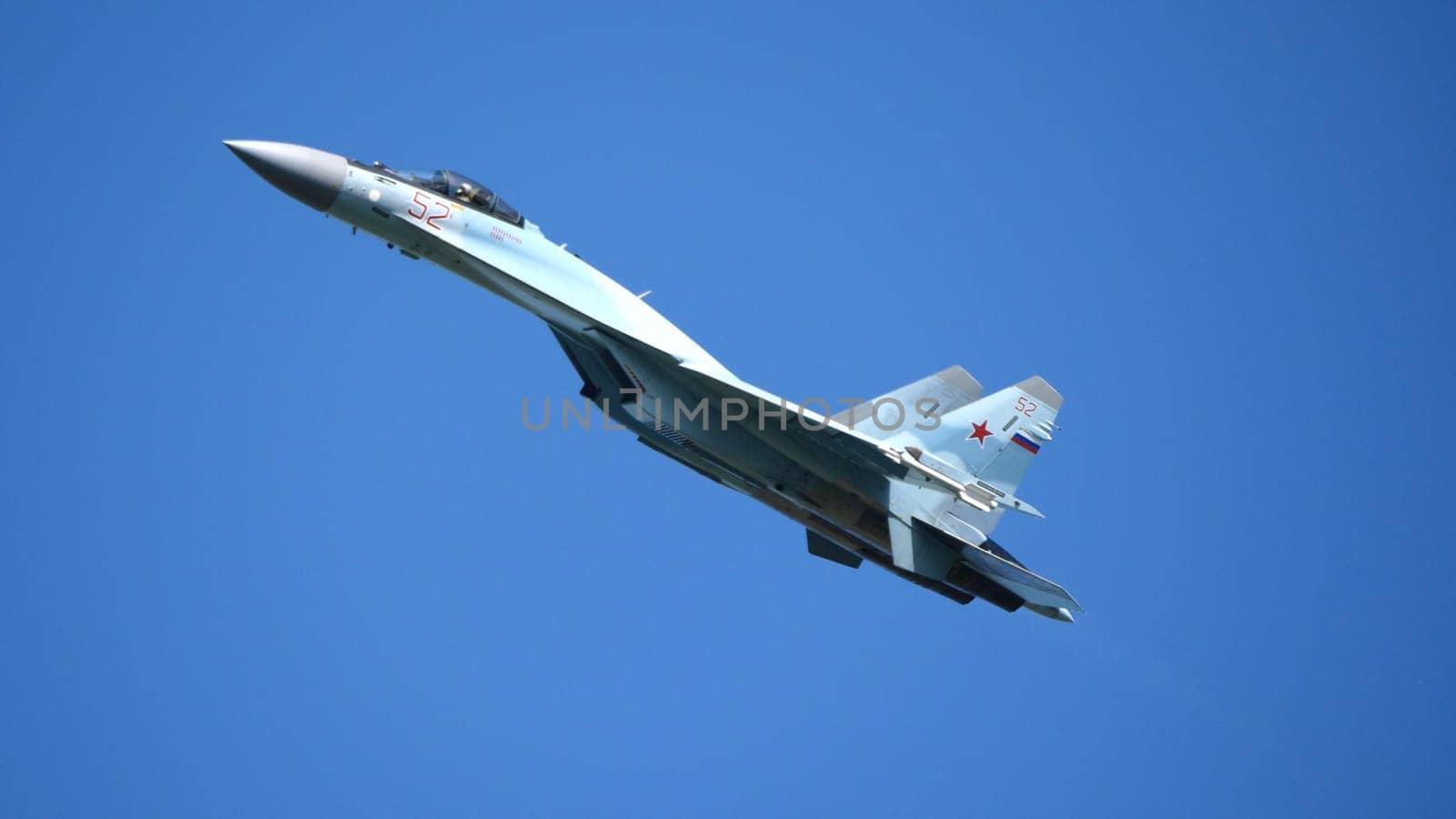 Moscow Russia Zhukovsky Airfield 31 August 2019: aerobatic Su-35 perfoming demonstration flight of the international aerospace salon MAKS-2019.