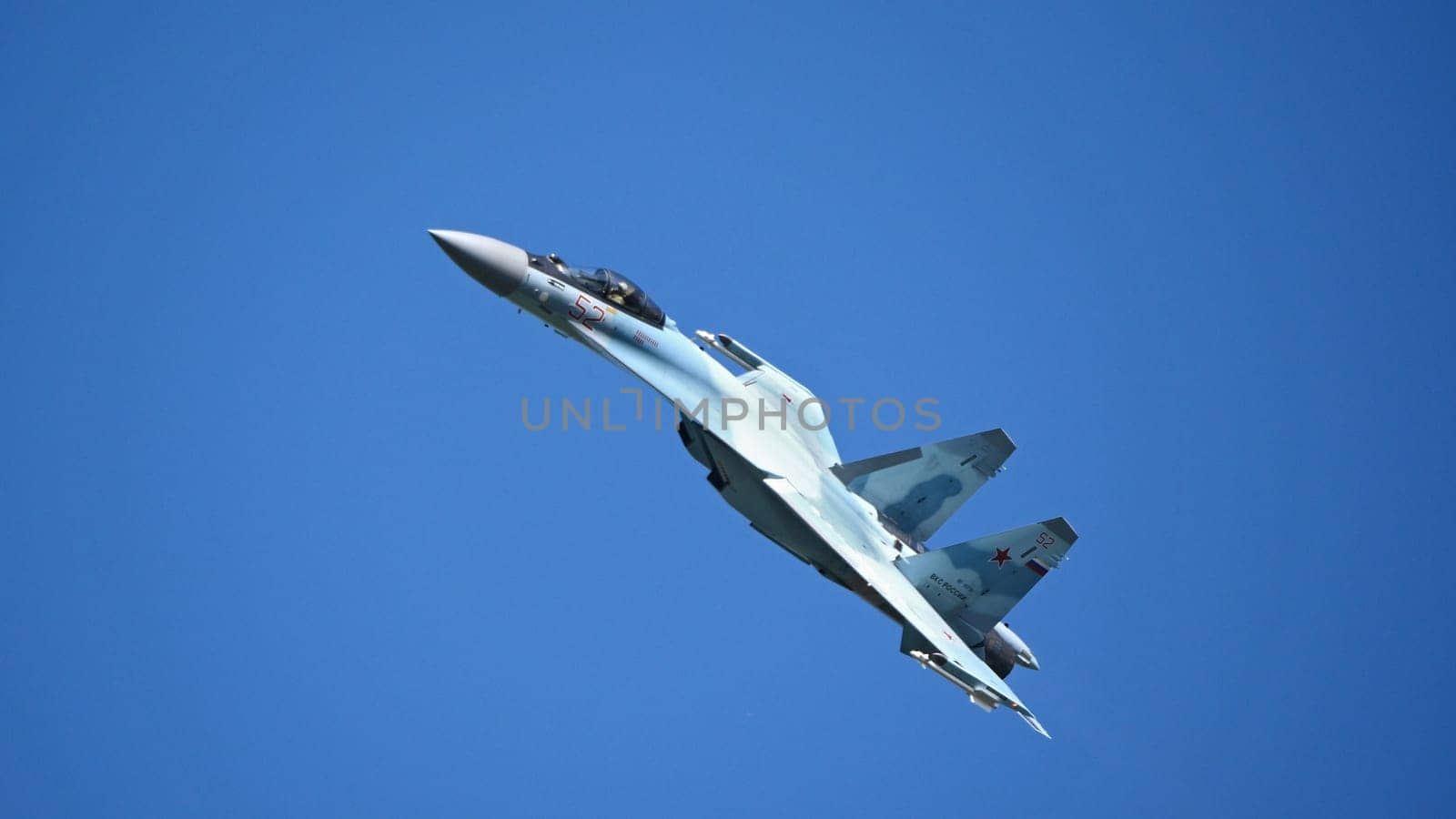 Moscow Russia Zhukovsky Airfield 31 August 2019: aerobatic Su-35 perfoming demonstration flight of the international aerospace salon MAKS-2019.