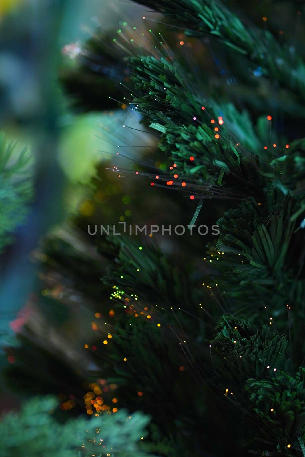 Close up of Christmas tree. Bokeh in the background. Selective focused. Defocused