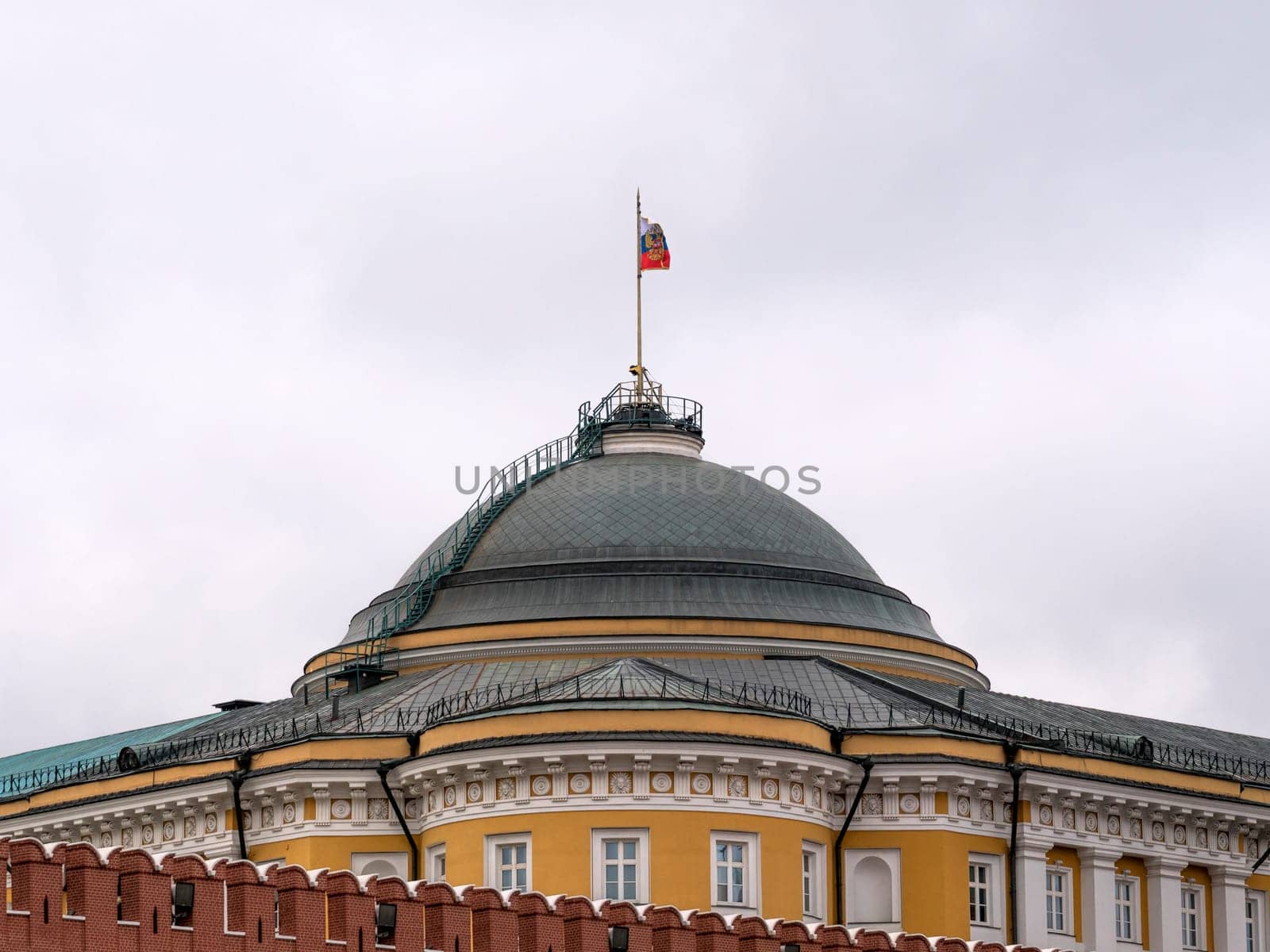 Kremlin Moscow Dome of Senate building Russian Flag tower.