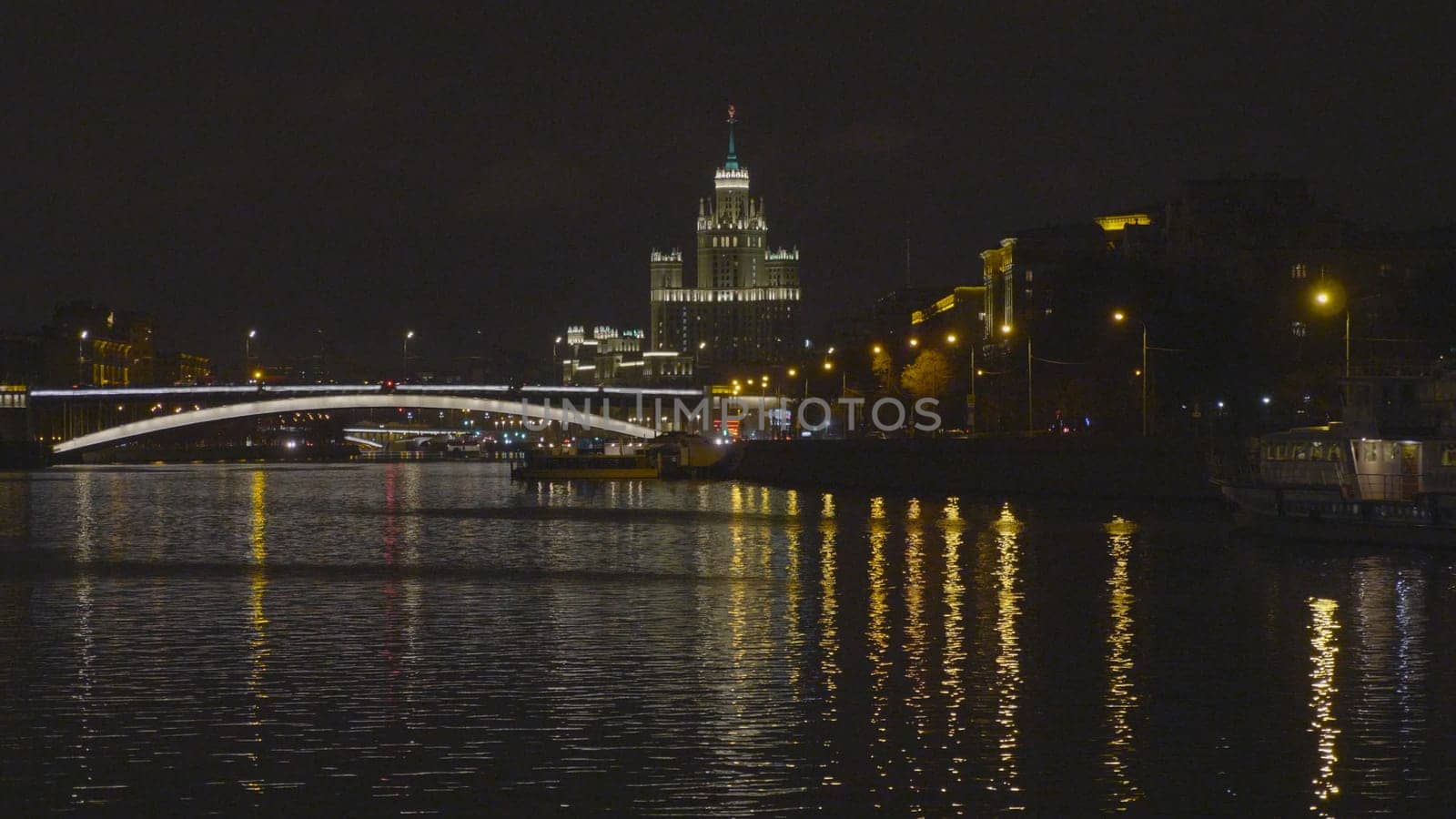 Sunny summer day moscow river bay kremlin night.