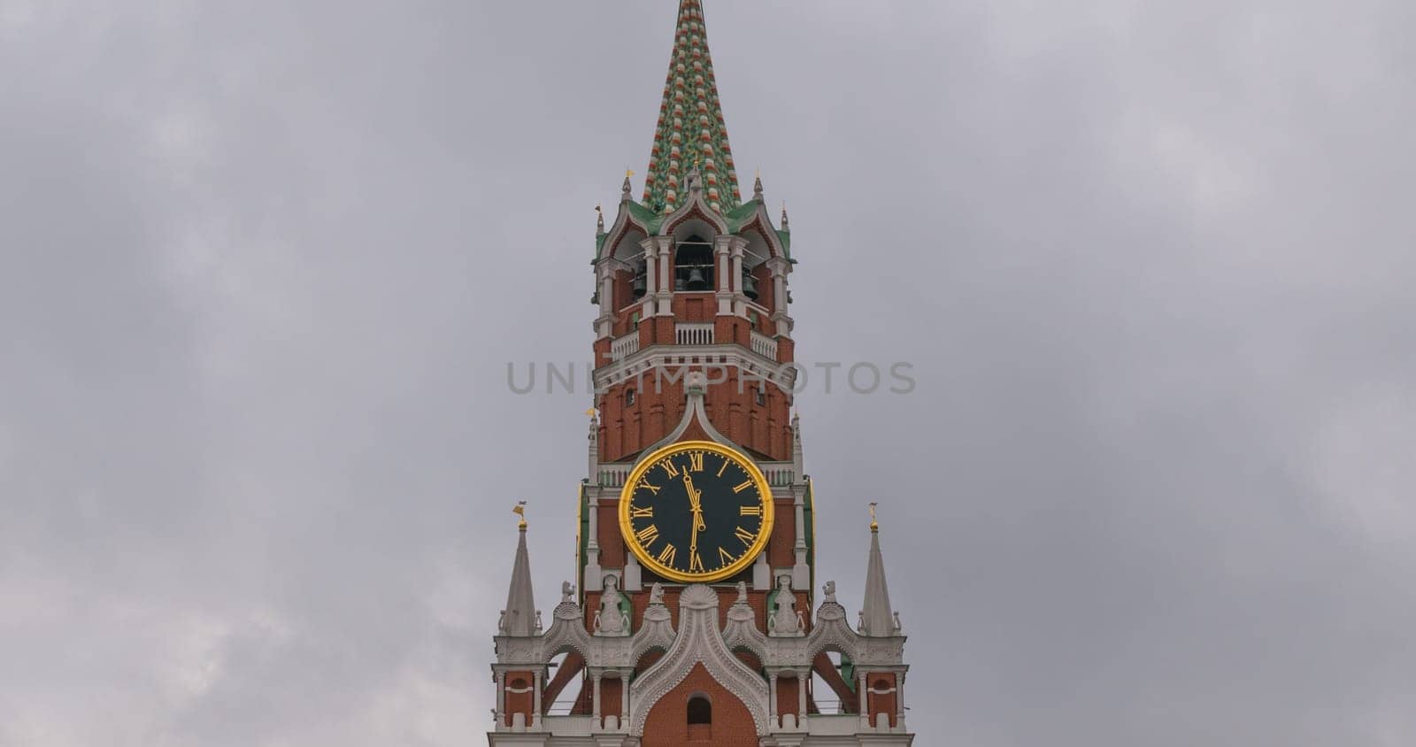 Moscow Kremlin Main Clock named Kuranti on Spasskaya Tower 12 hours . Red Square.