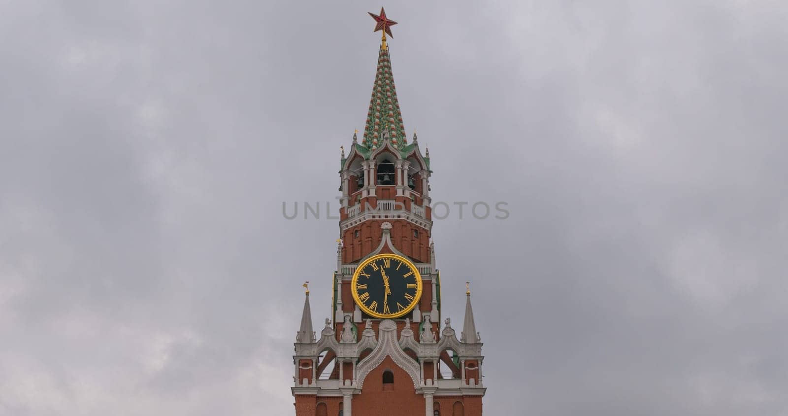 Moscow Kremlin Main Clock named Kuranti on Spasskaya Tower 12 hours . Red Square.