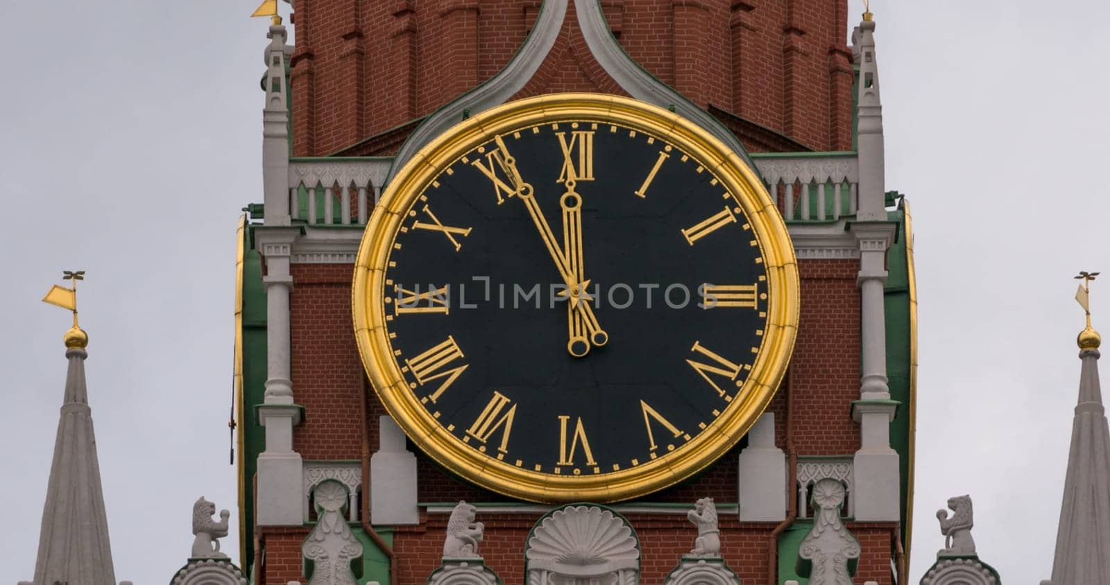 Moscow Kremlin Main Clock named Kuranti on Spasskaya Tower 12 hours . Red Square.