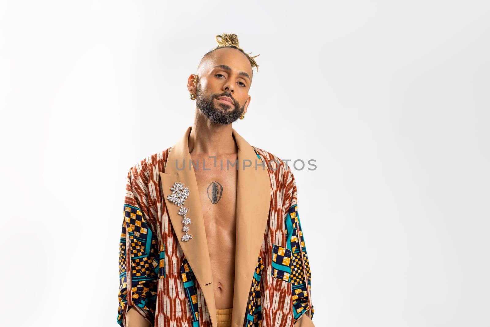 Trendy black latin gay man in fashionable clothes look camera isolated on white background studio portrait People lifestyle fashion lgbtq concept