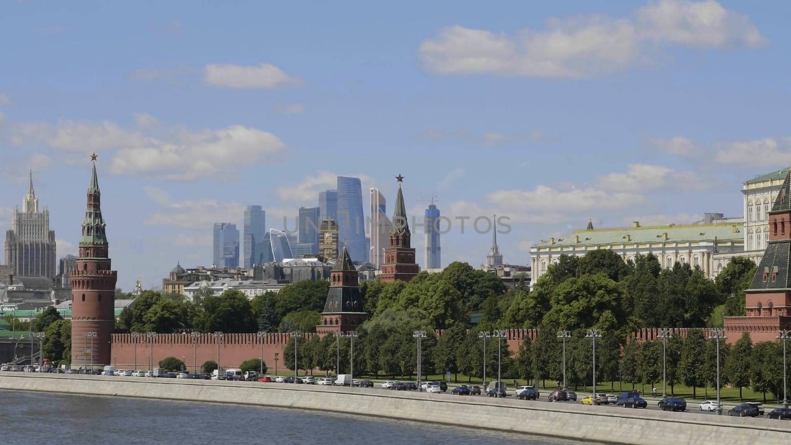 Sunny summer day moscow river bay kremlin.