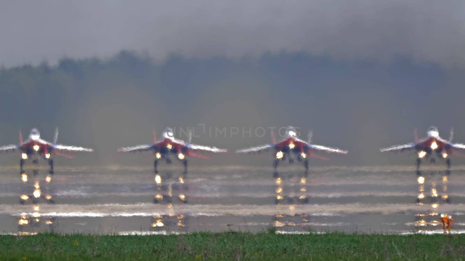 Moscow Russia Zhukovsky Airfield 25 July 2021: Aerobatic teams Russian Knights on planes Su-35 of the international aerospace salon MAKS-2021.