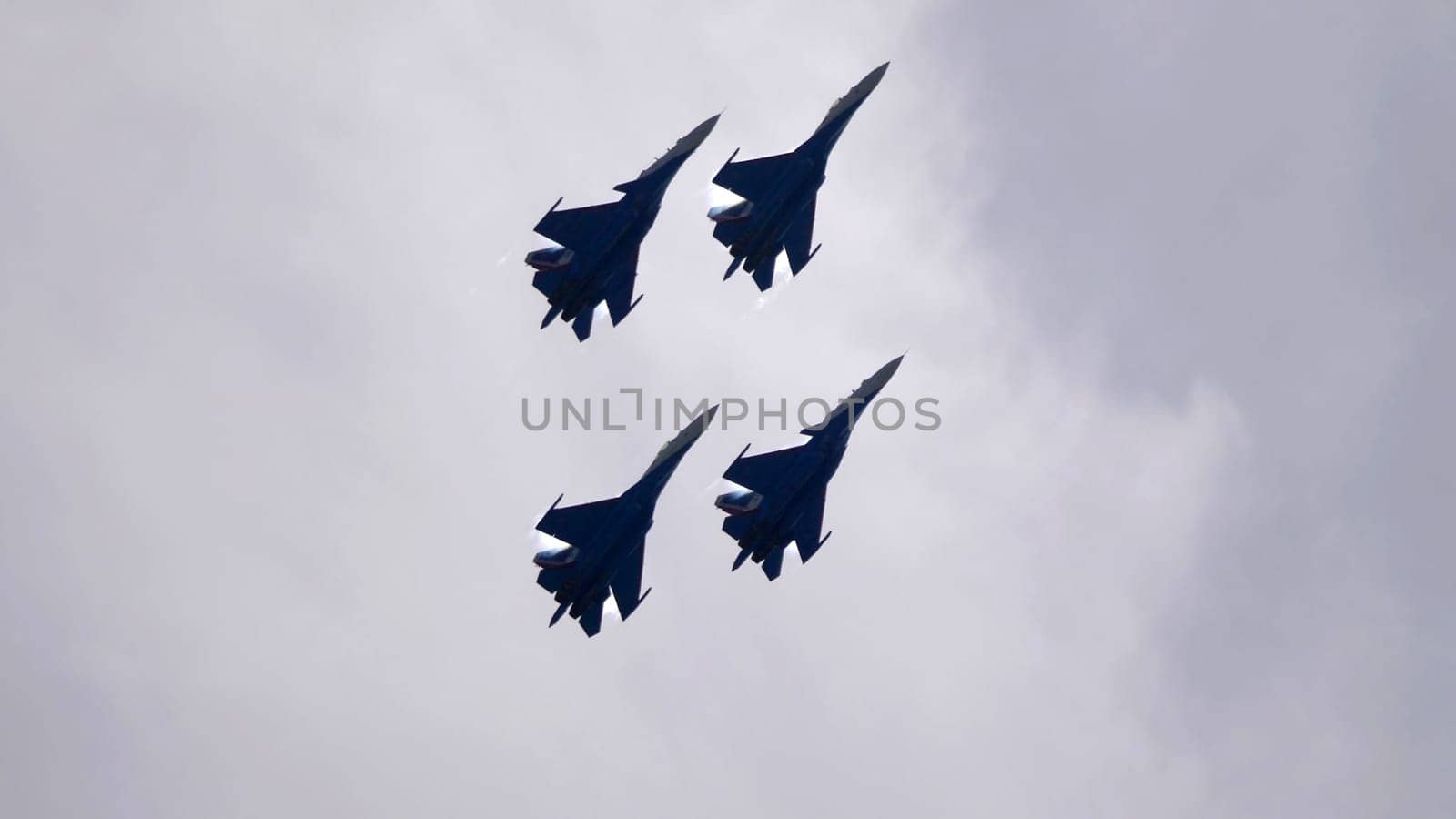 Moscow Russia Zhukovsky Airfield 25 July 2021: aerobatic team swifts MiG-29 perfoming demonstration flight of the international aerospace salon MAKS-2021.