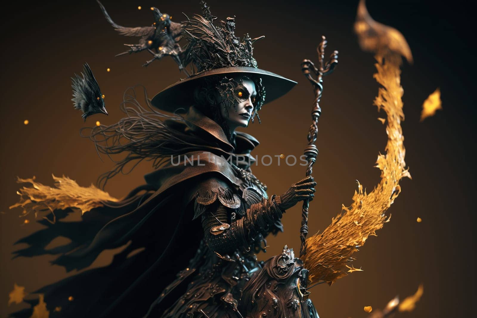 Witch with making witchcraft, magic spells, hat conjuring. Spooky dark magic forest . Magician. Wide Halloween party art design. Terrifying scary personage, beautiful sorceress.