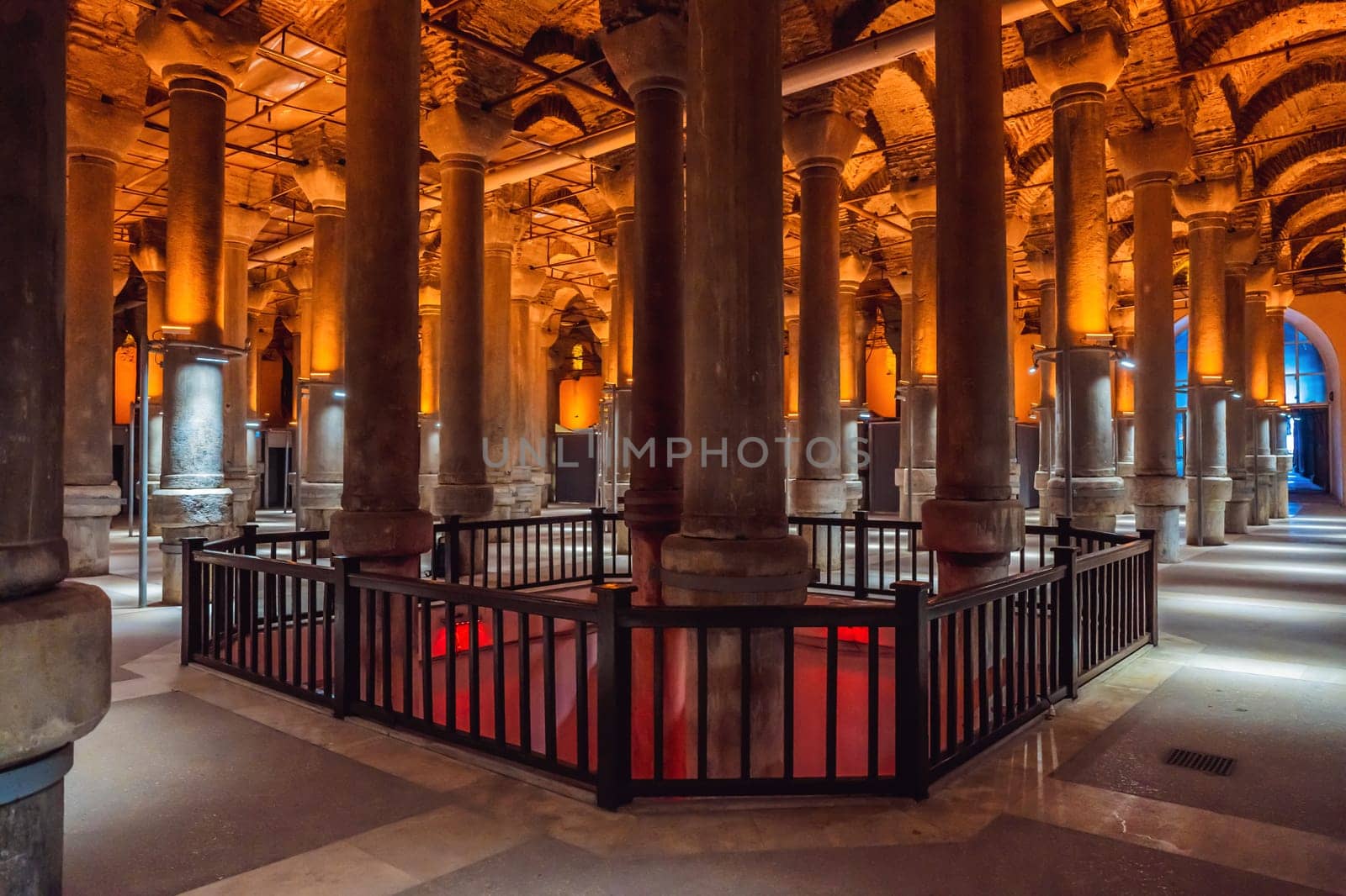 Beautiful cistern in Istanbul. Cistern - underground water reservoir build in 6th century, Istanbul, Turkey, Turkiye.