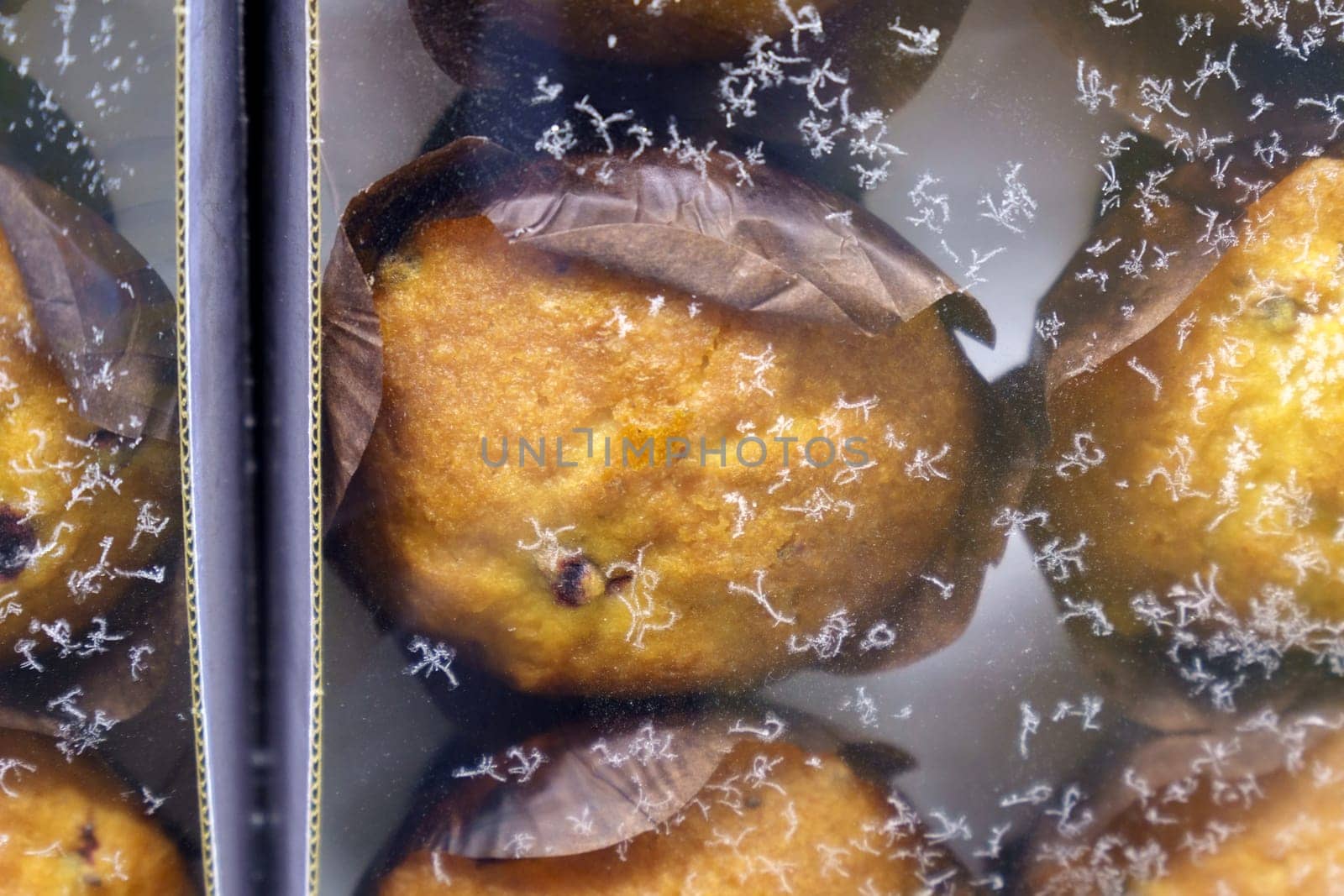 Frozen food Muffin Rolls on a shelf of a home freezer, long life food storage concept. Selective focus