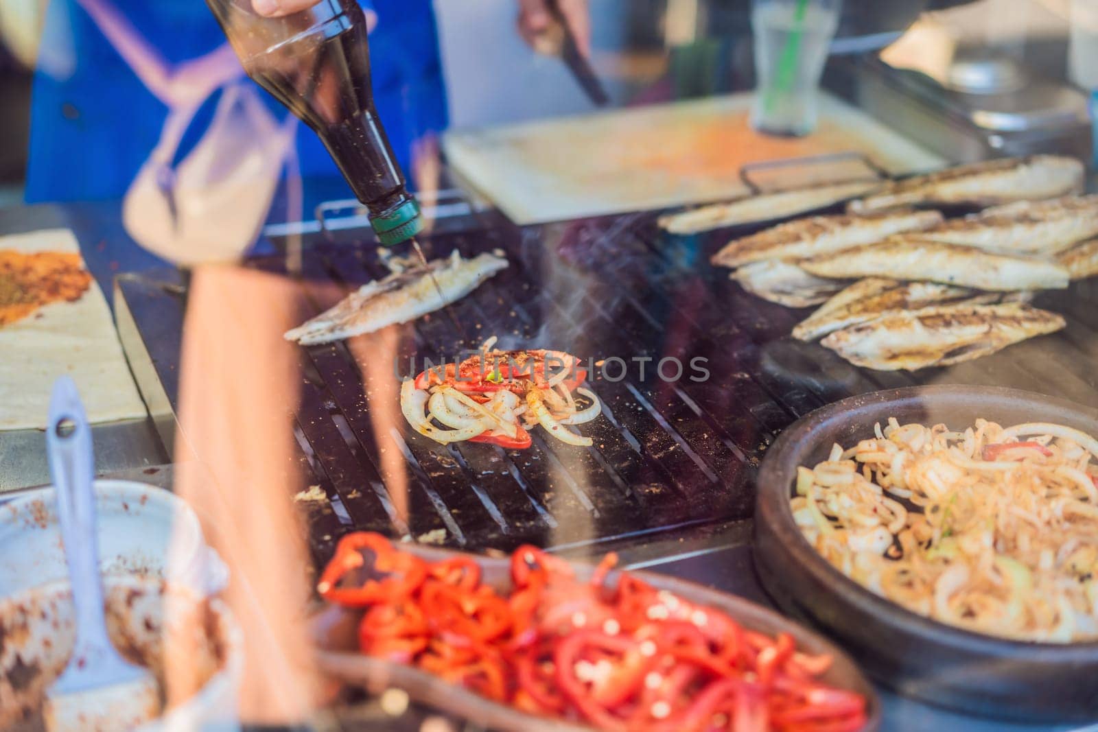 Balik ekmek - fish in a bread, traditional Turkish fast food. Istanbul, Turkey.