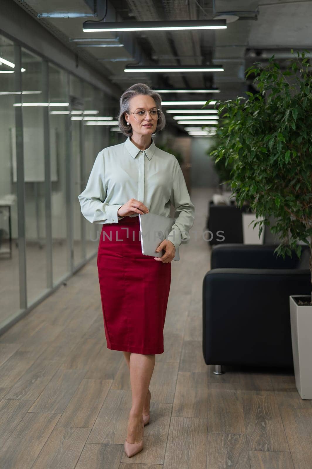 Attractive mature caucasian woman holding laptop while standing in office