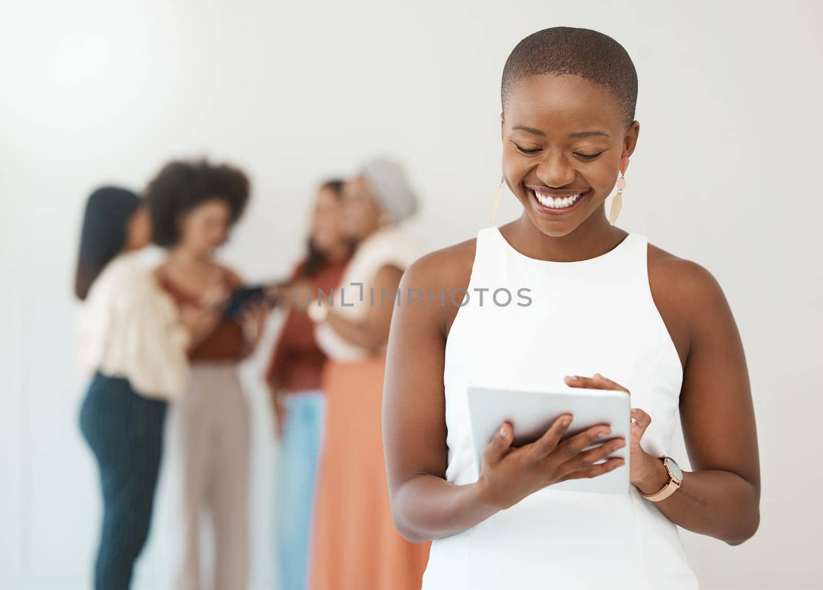 Black woman, tablet and business smile for communication, internet and network connection. Female leader on mobile app for social media, leadership report and search or typing and reading email.