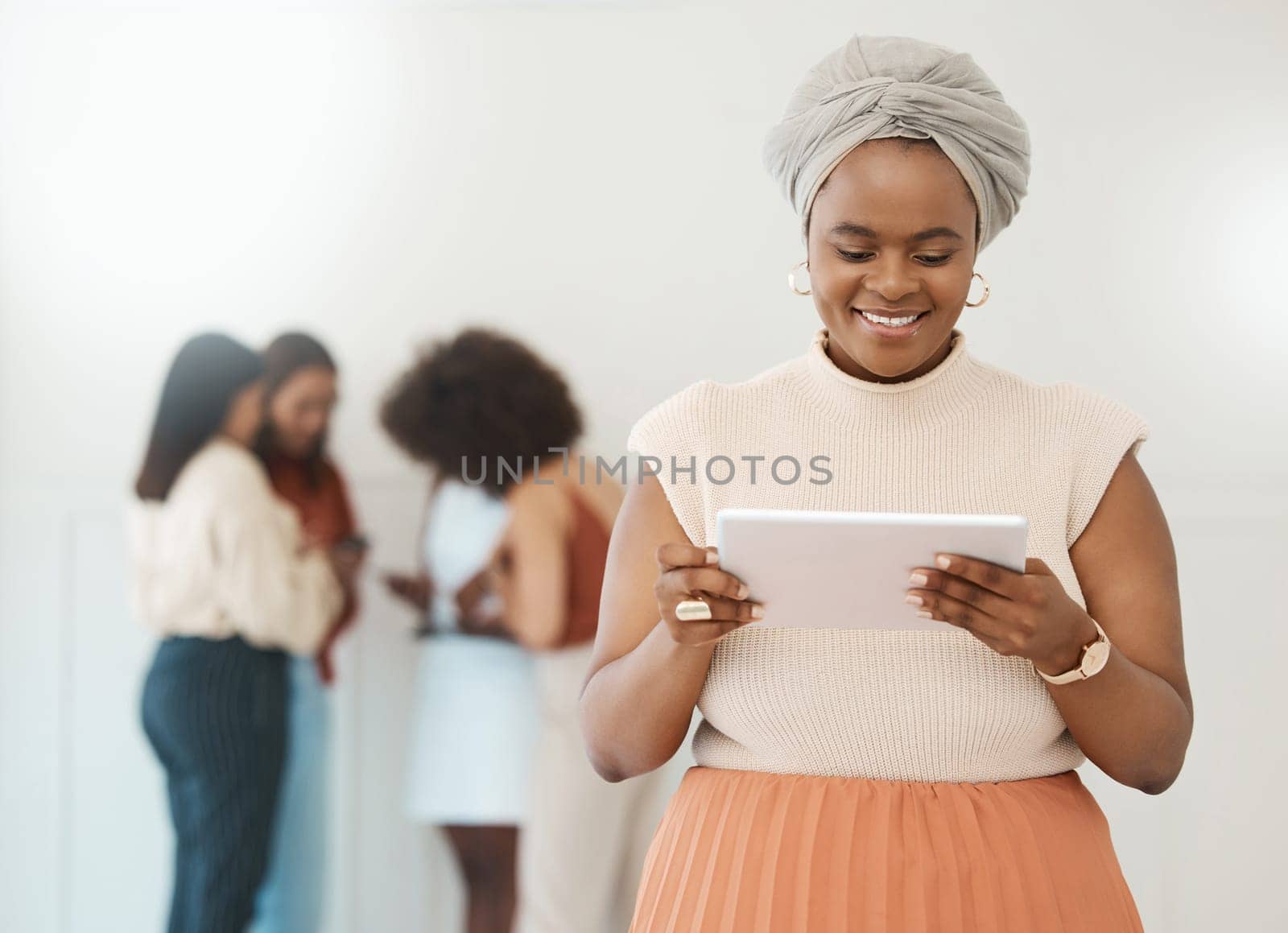 Tablet, business woman and reading online with a smile for communication, internet and network. Happy black female entrepreneur working on touch screen for social media, leadership report or search.