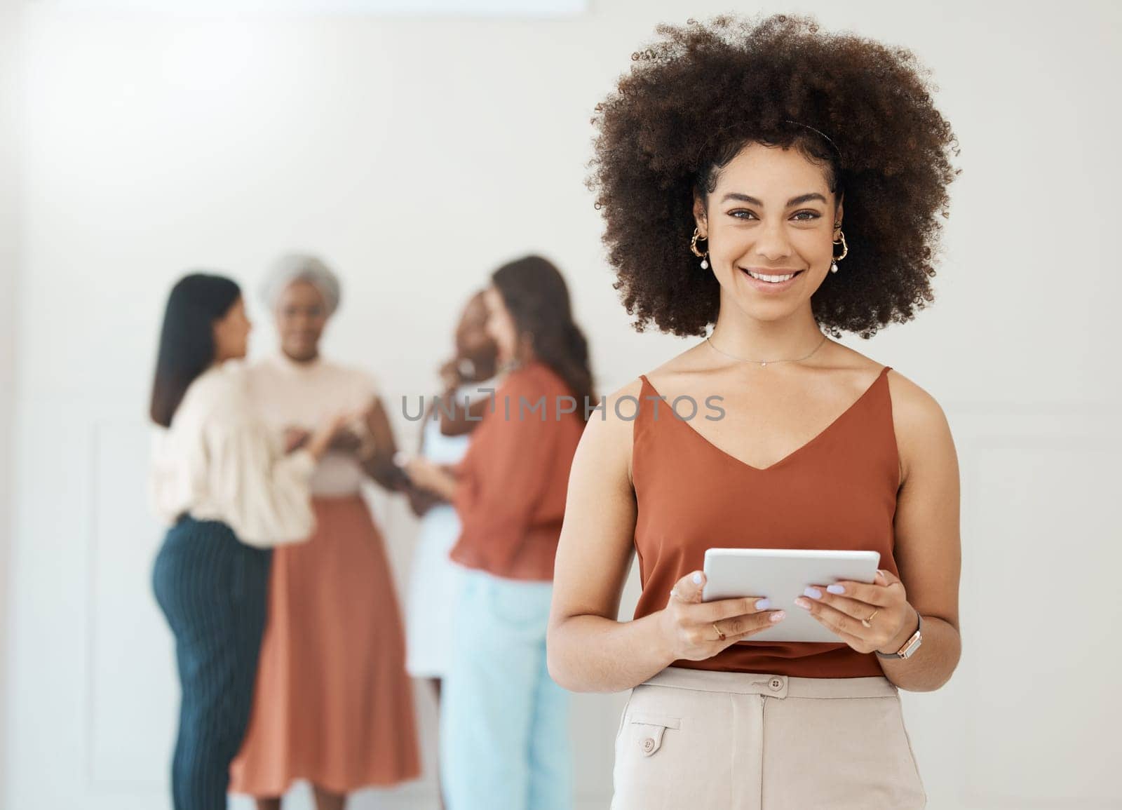 Tablet, portrait and business woman with a smile for communication, internet and network connection. Black female leader working on mobile touch screen for social media, leadership report or search.