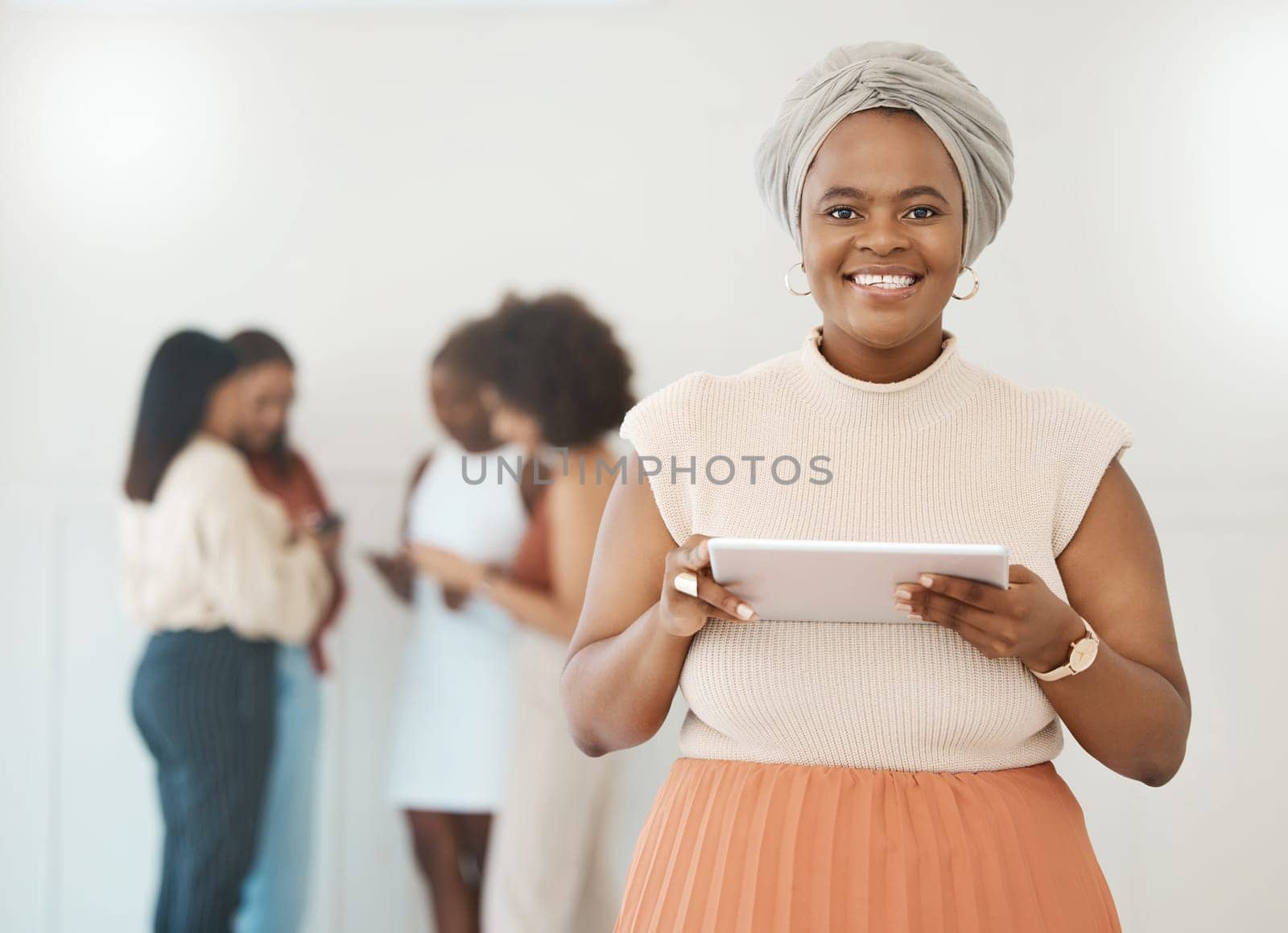 Business woman, tablet and portrait with a smile for communication, internet and network connection. Black female entrepreneur working on touch screen for social media, leadership report or search.