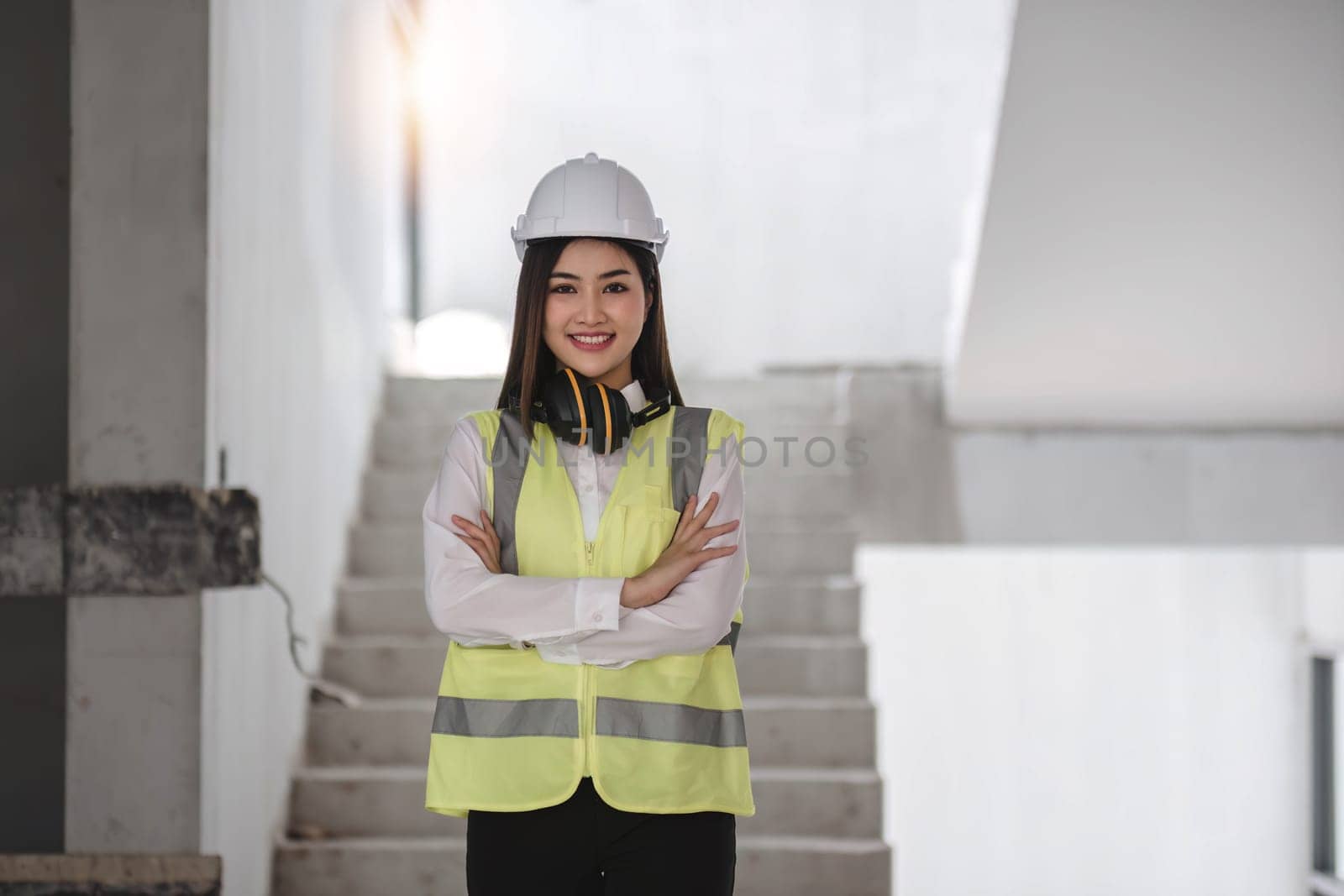 Portrait of Happy professional construction engineer woman holding laptop and wearing the safety helmet at the building site place background, industrial engineering concept by wichayada