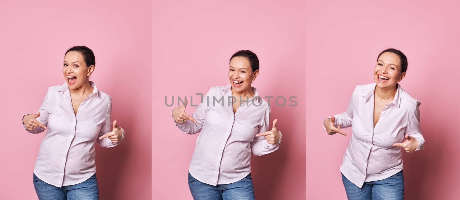 Photo collage pregnant woman, expressing happiness and excitement feeling first baby kicks, points fingers at her tummy by artgf