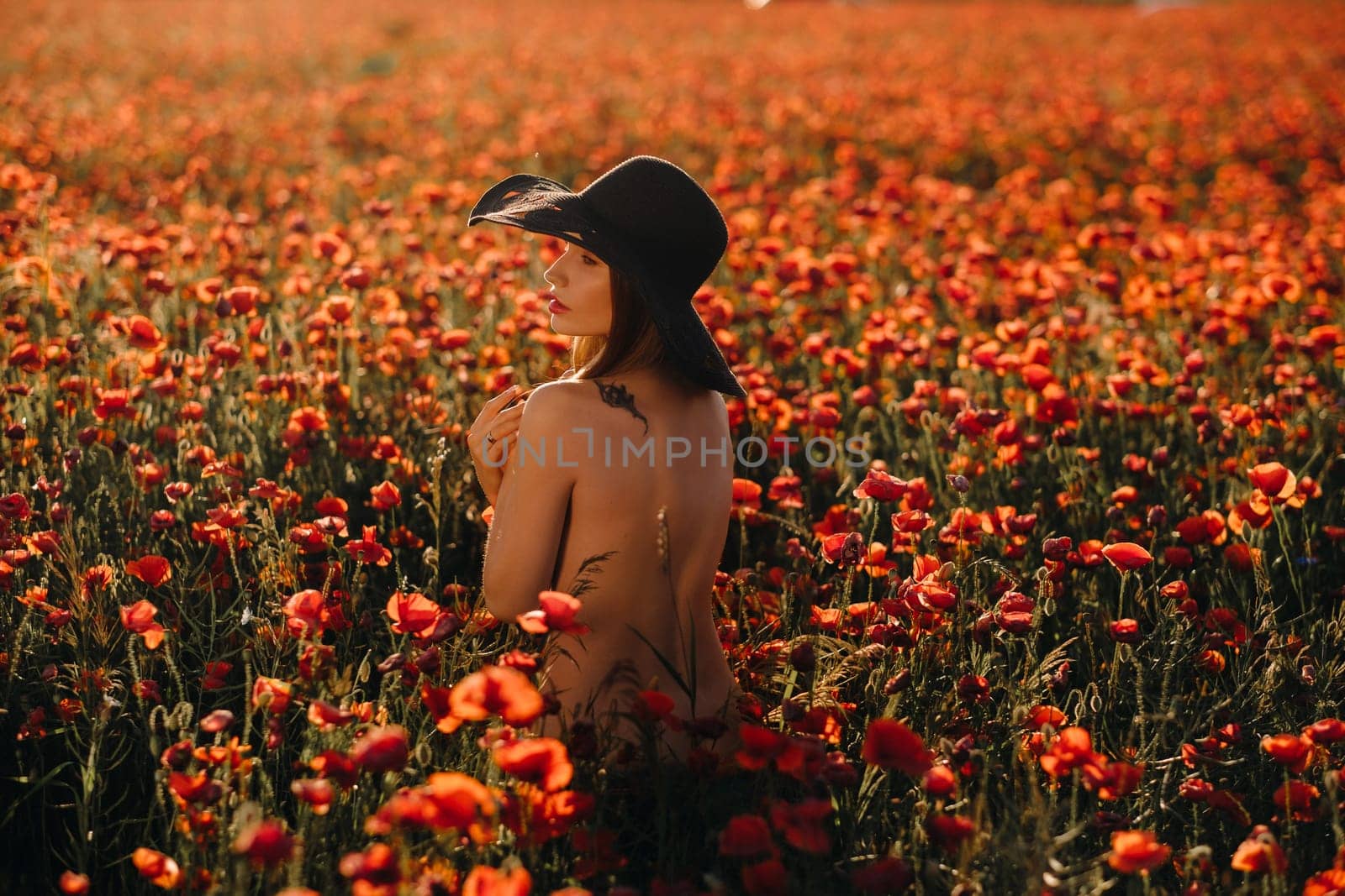 naked girl from behind in a black hat in a poppy field at sunset by Lobachad