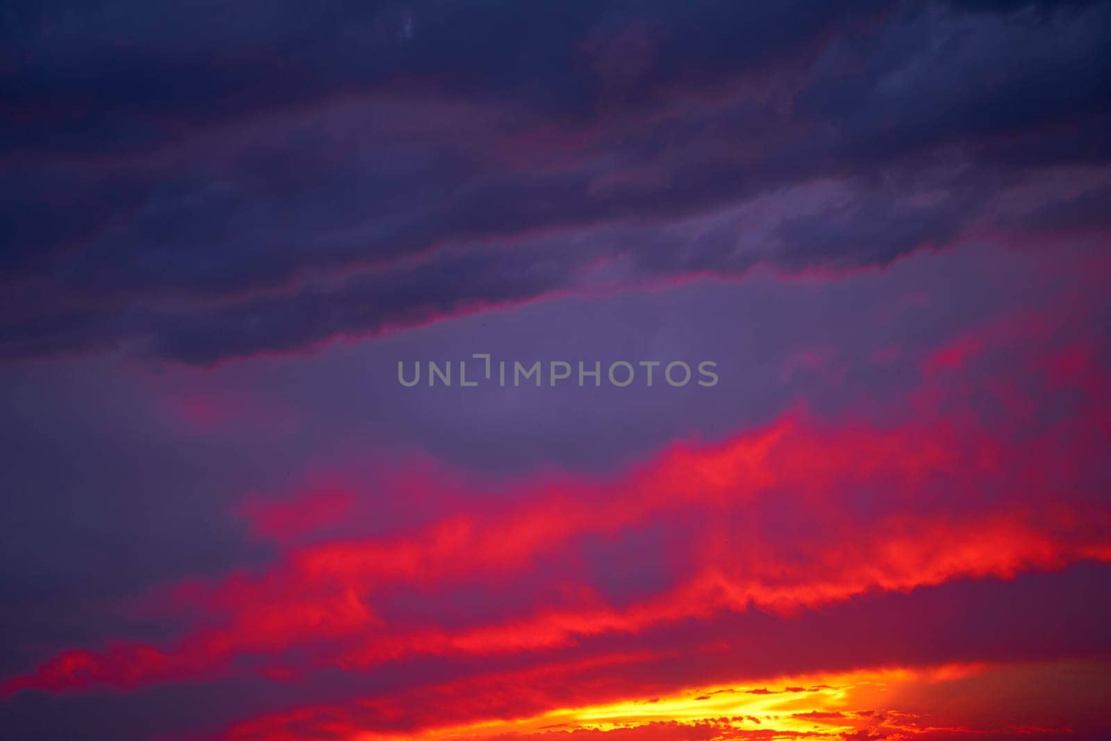Fiery summer sunset landscape. Orange sun and dark blue sky by Try_my_best