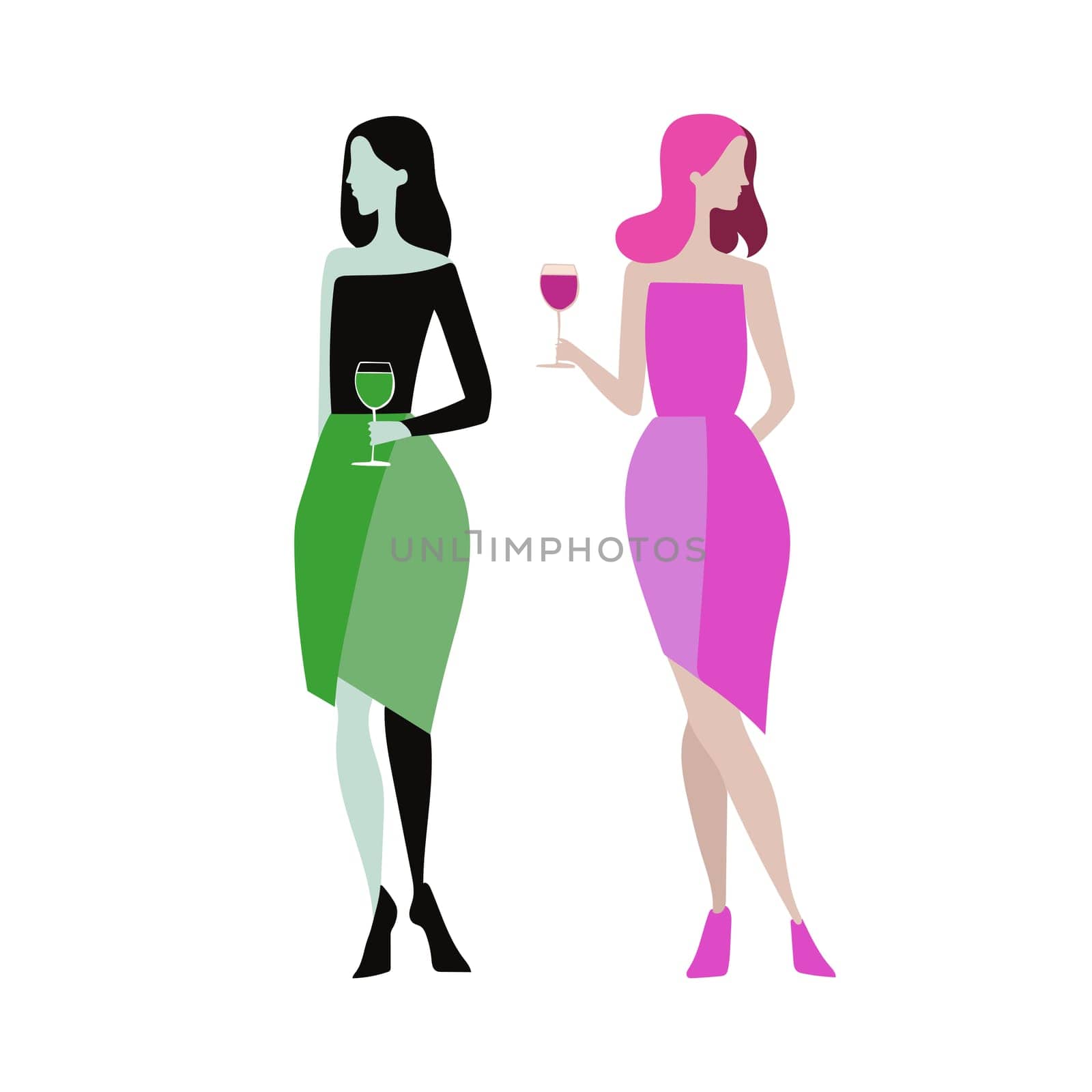 Two beautiful women friends drinking wine. Girls celebration together. Vector by natali_brill