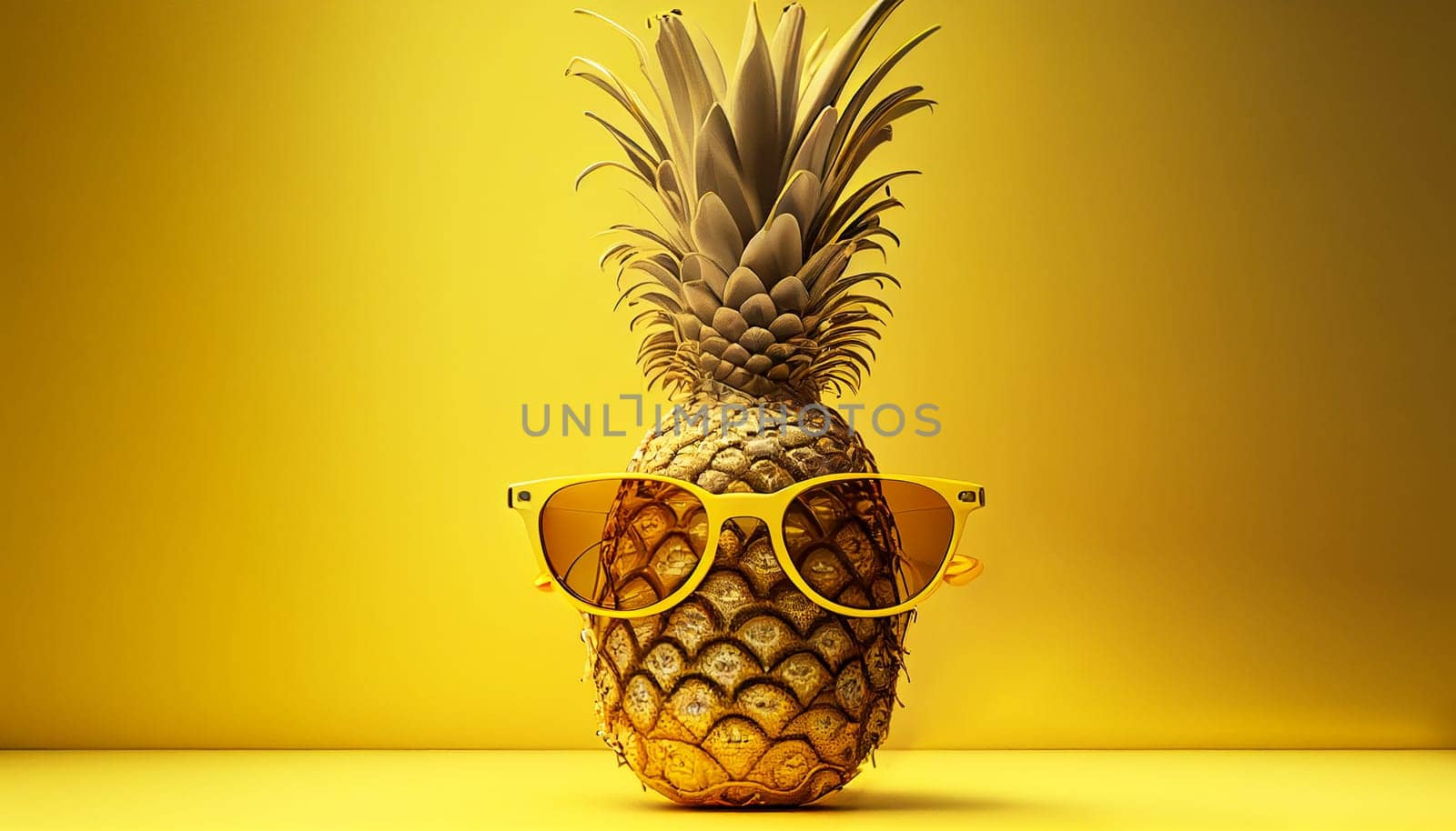 Pineapple with sunglasses on yellow background. Juicy fruit by natali_brill