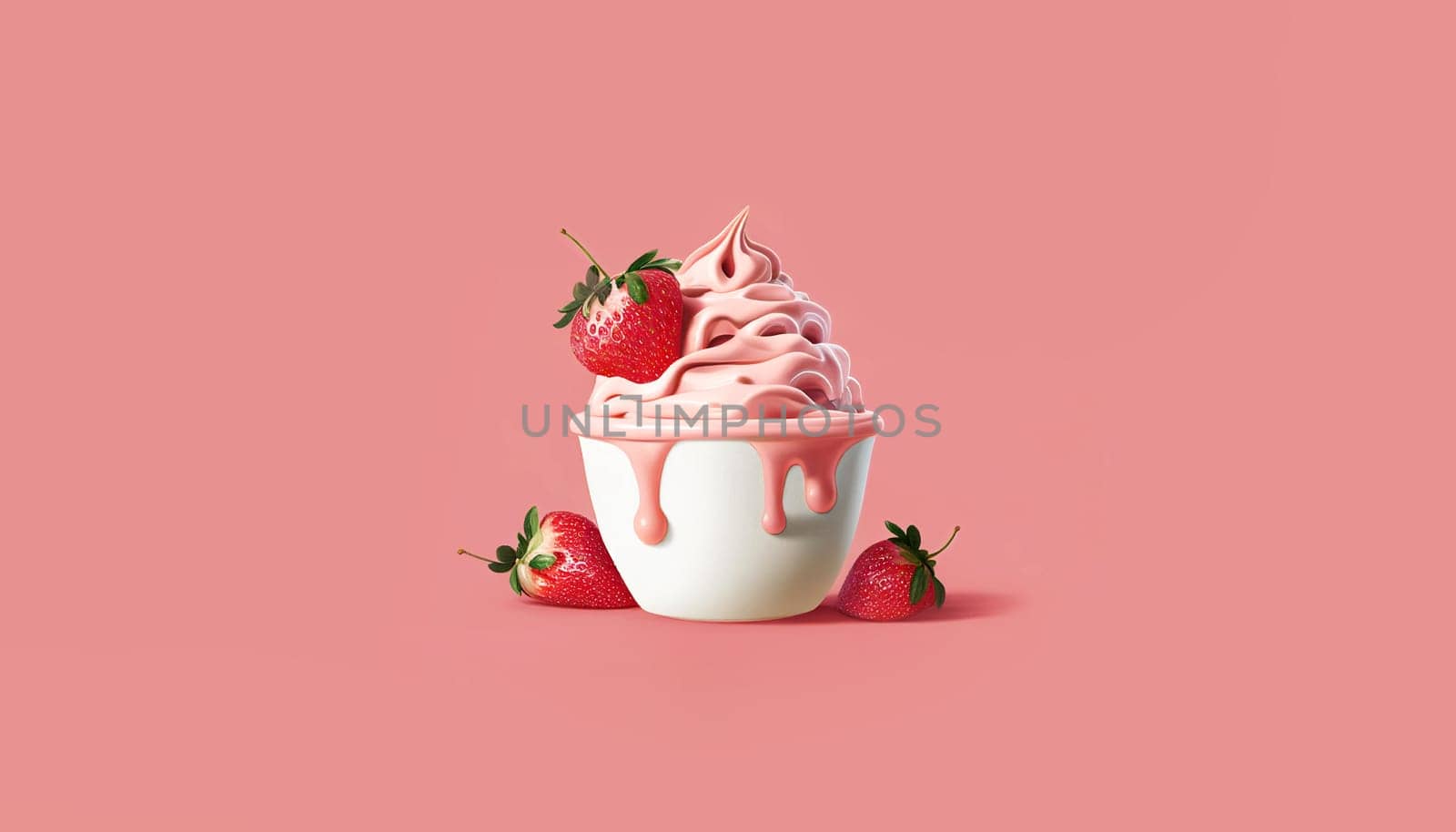 Strawberry yogurt or cream. Fresh berries. AI-Generated. Pink background, banner for website or menu