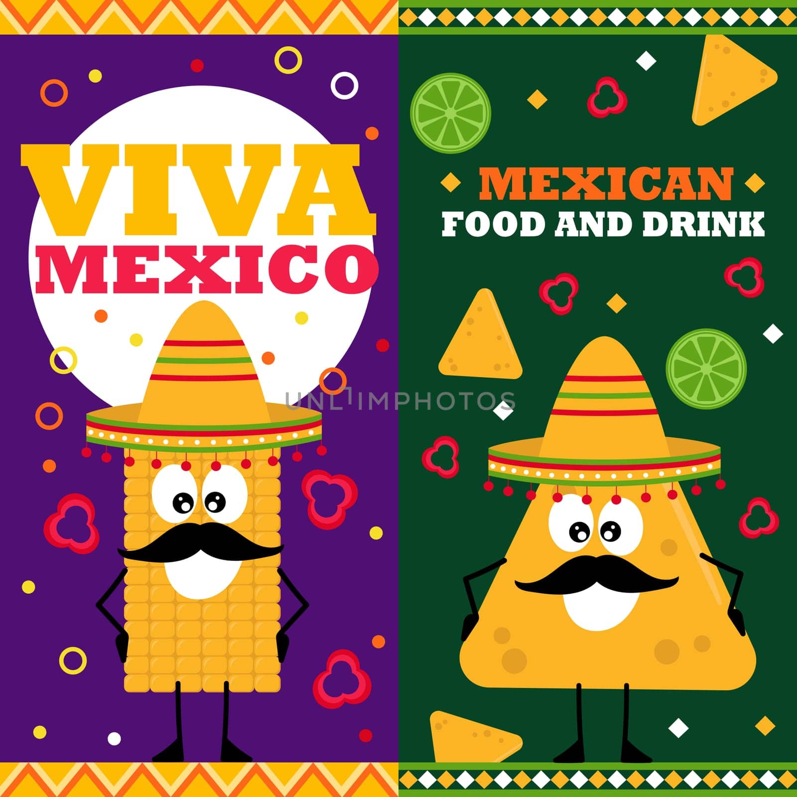 Cartoon mexican food. Vertical vector banners with cheerful characters in sombretro, with mustache. Promo vector illustration. Mexican restaurant.