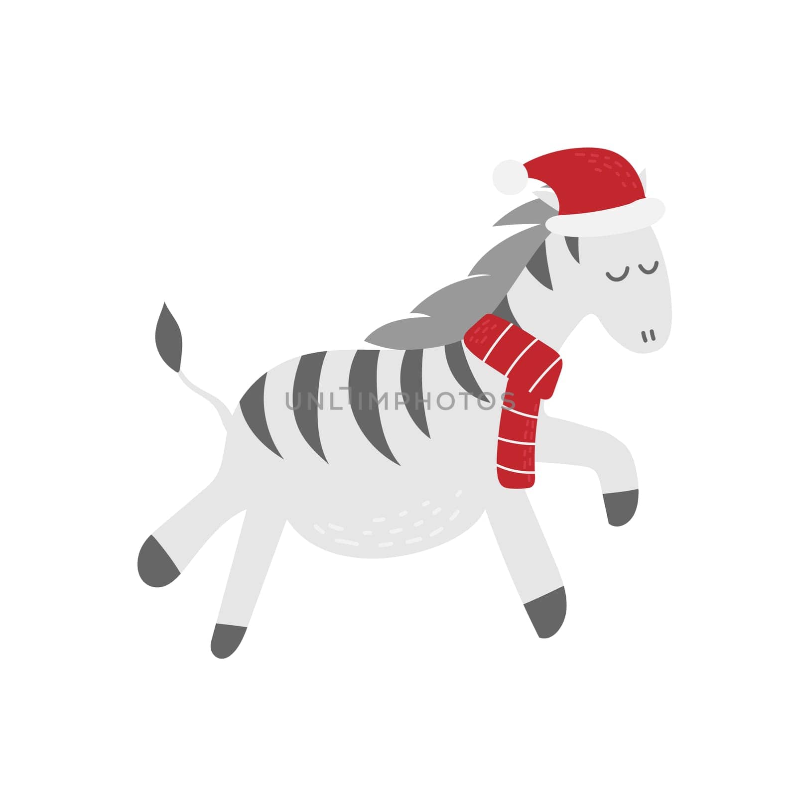 Cute and funny zebra horse wearing Santa hat for Christmas and smiling - vector. Hand drawn style zebra on white