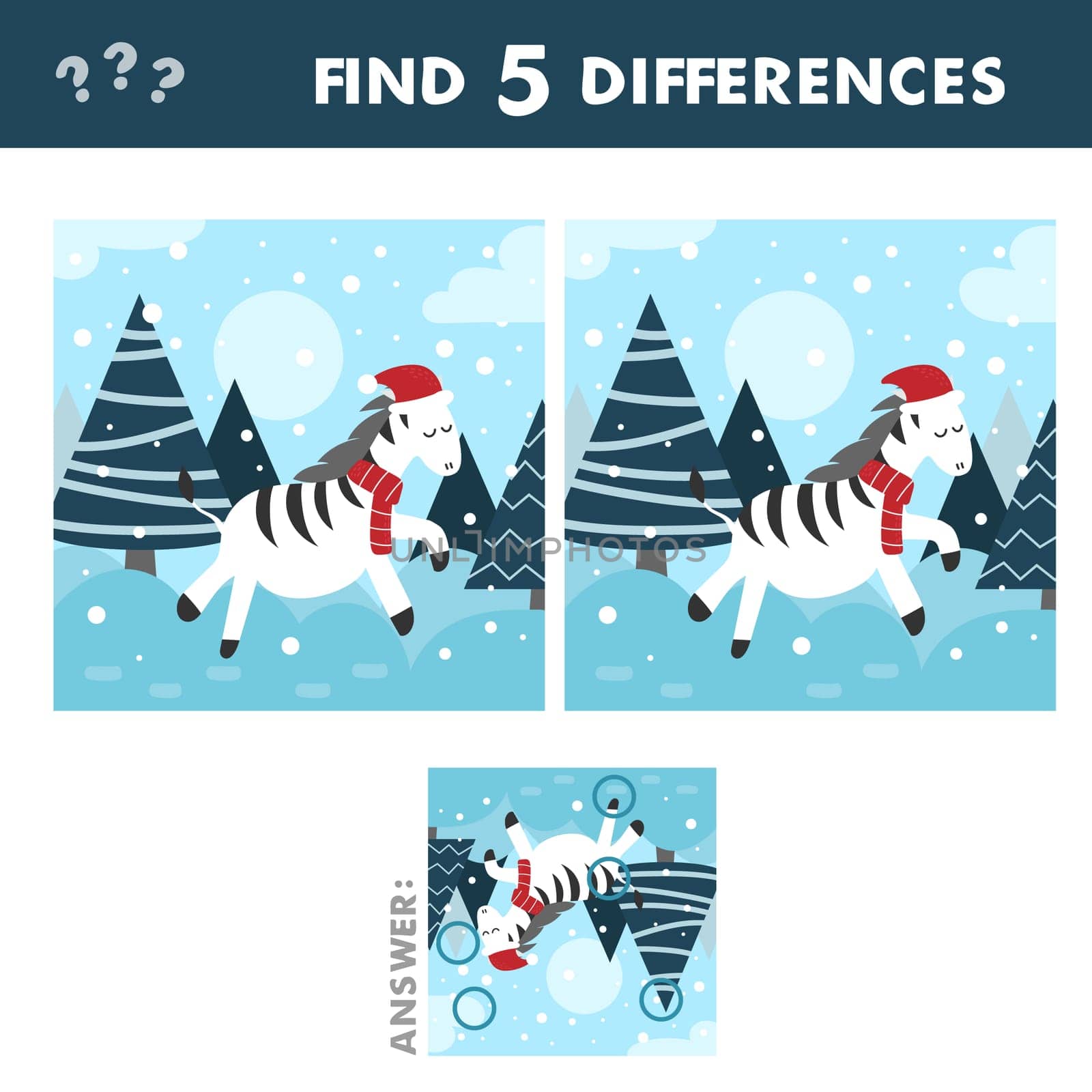 Find 5 differences. Christmas winter zebra. Game for children. Cartoon character in winter forest with snow