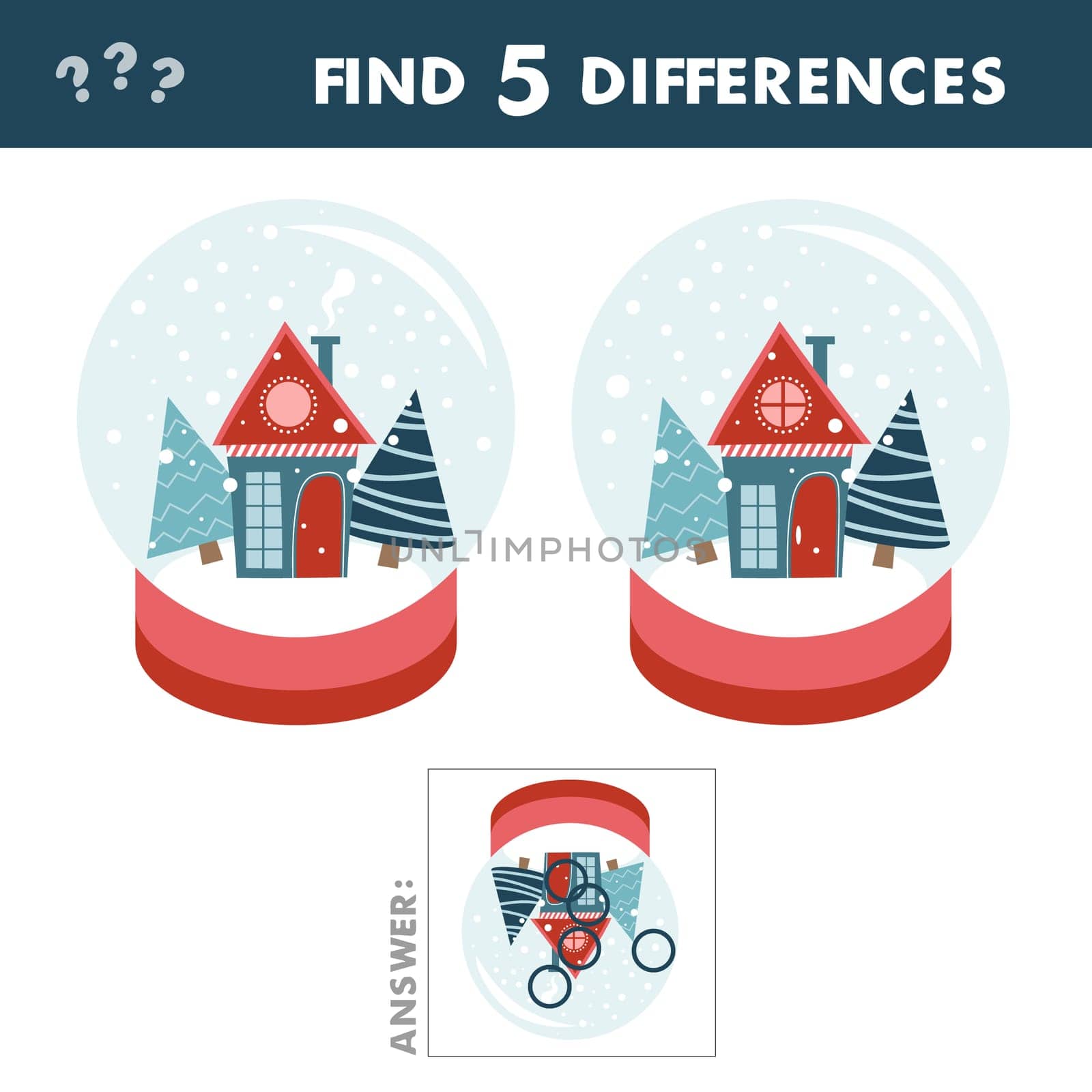 Kids game find differences. Merry christmas snow globe with a small house and fir-tree under the snow. Educational leisure activity with answer