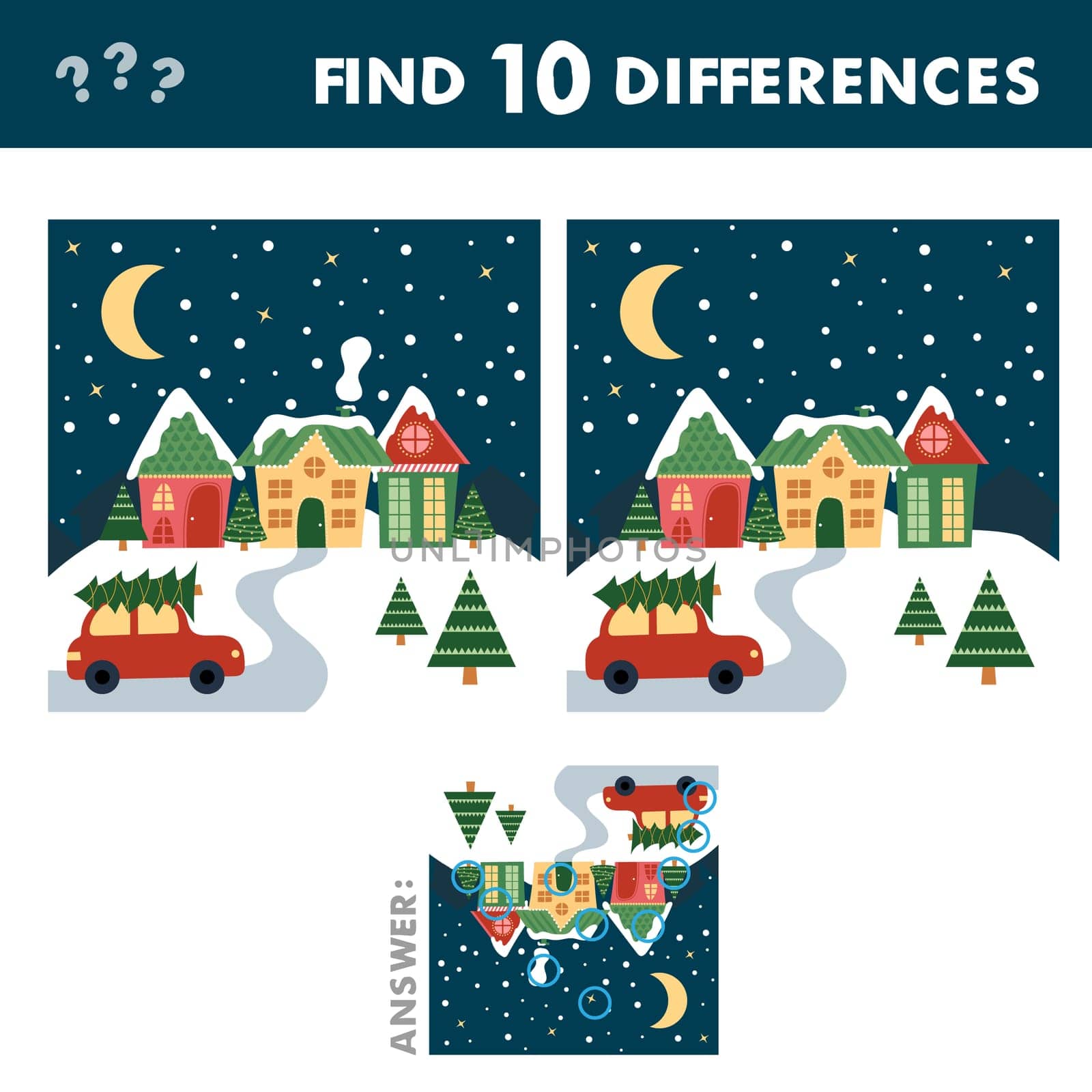 Kids game find ten differences. Vector cartoon Christmas houses and car. Educational children riddle leisure activity with answer