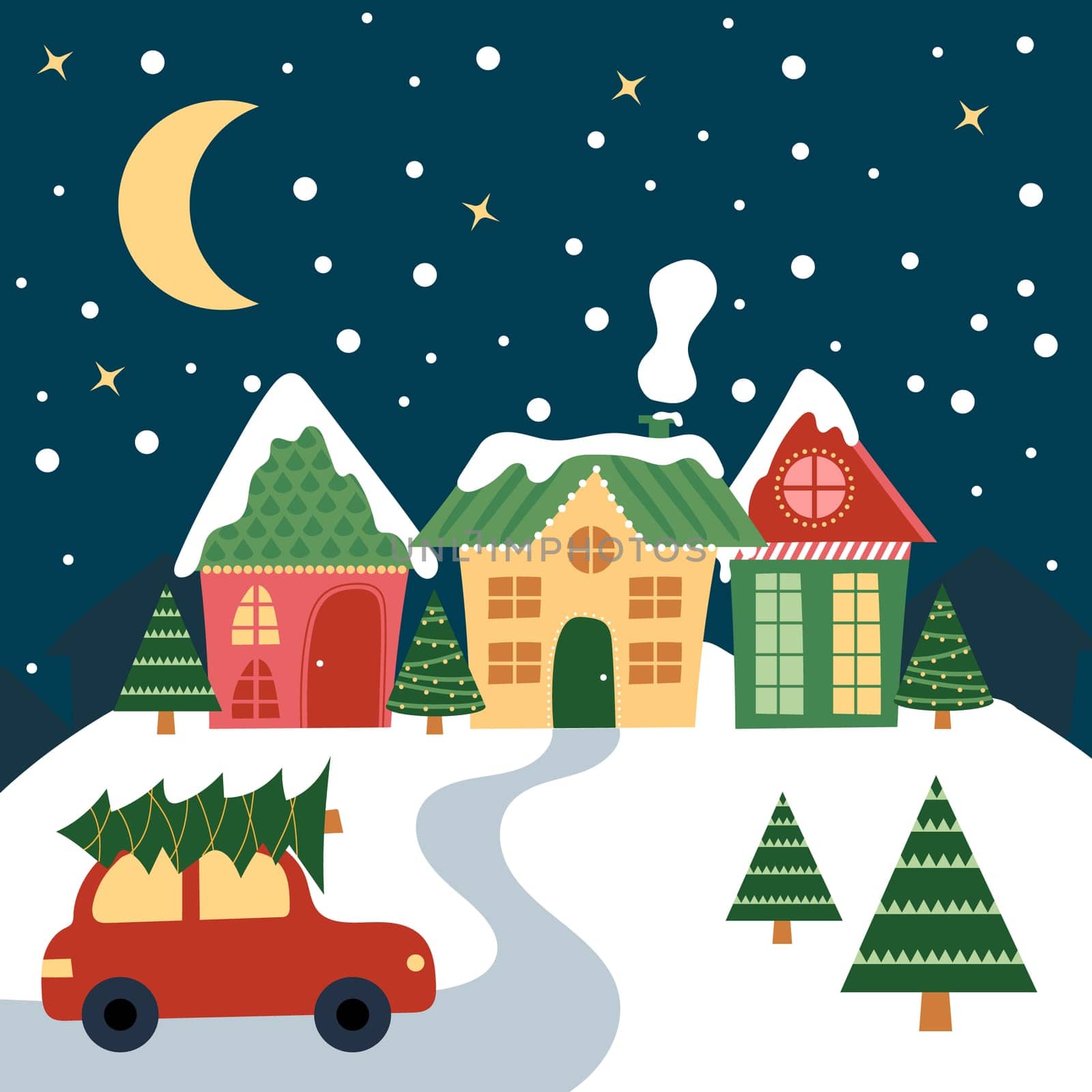 Christmas Houses with car, trees, snow and stars at Christmas night. Cartoon by natali_brill
