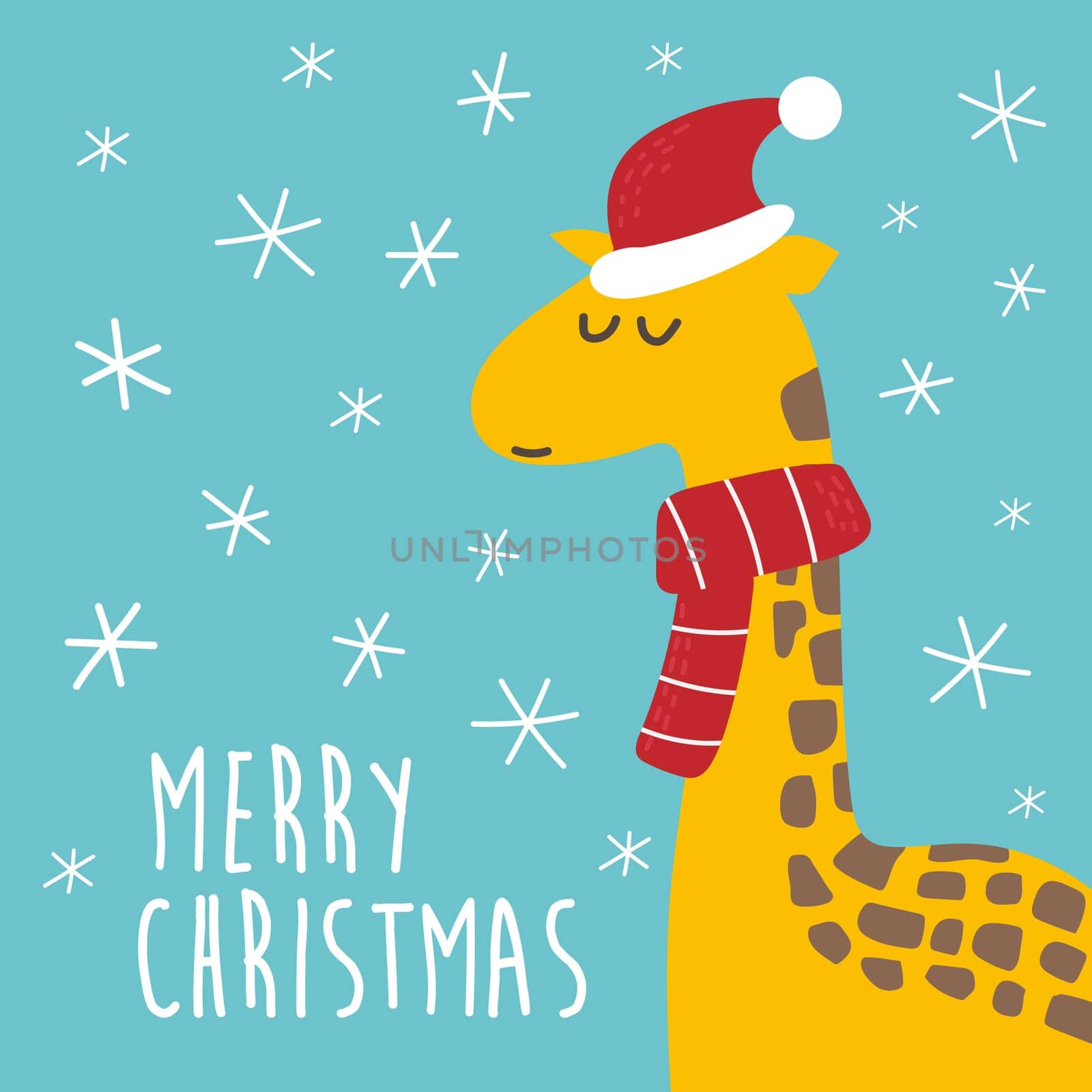 Cute christmas giraffe in santa hat, cartoon vector illustration. Modern style, element for kids design. Merry Christmas card